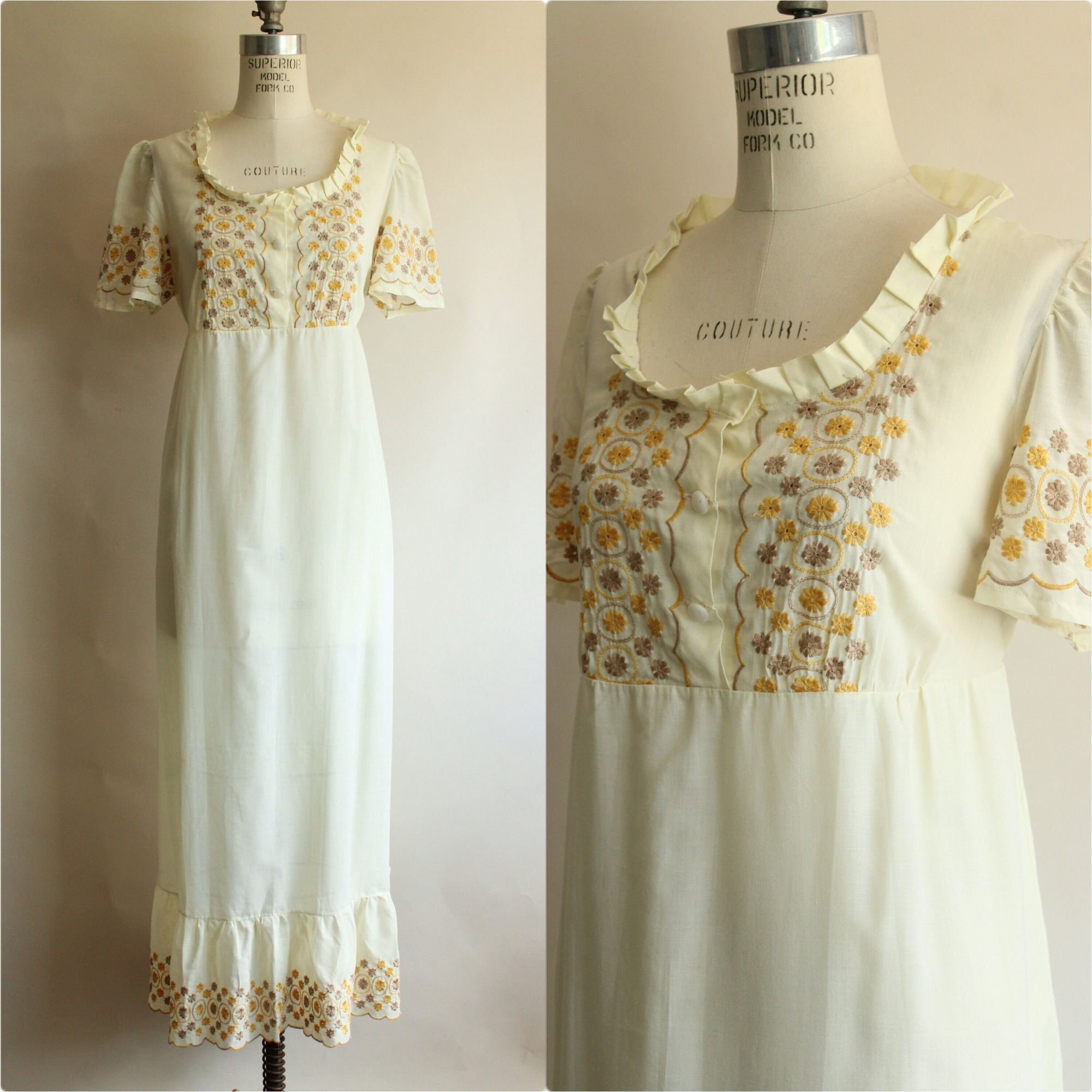Vintage Vintage 1970s Dress, Yellow Embroidered Boho Maxidress with Size S / US 4 / IT 40 - 1 Thumbnail