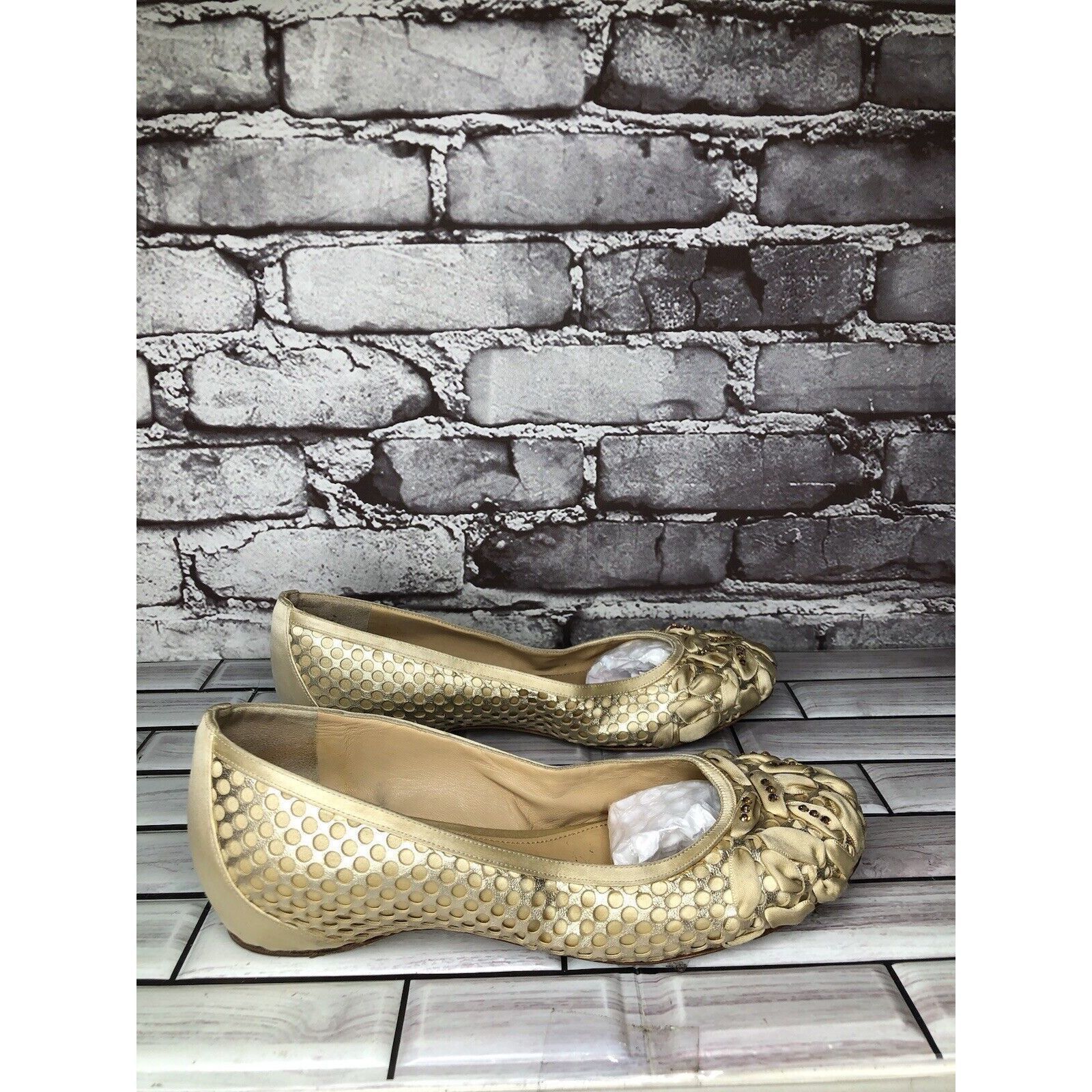 Other Rodo Beige Gold Silk Gem Rhinestone Low Pump Ballet Flats Wo Size US 7.5 / IT 37.5 - 3 Thumbnail