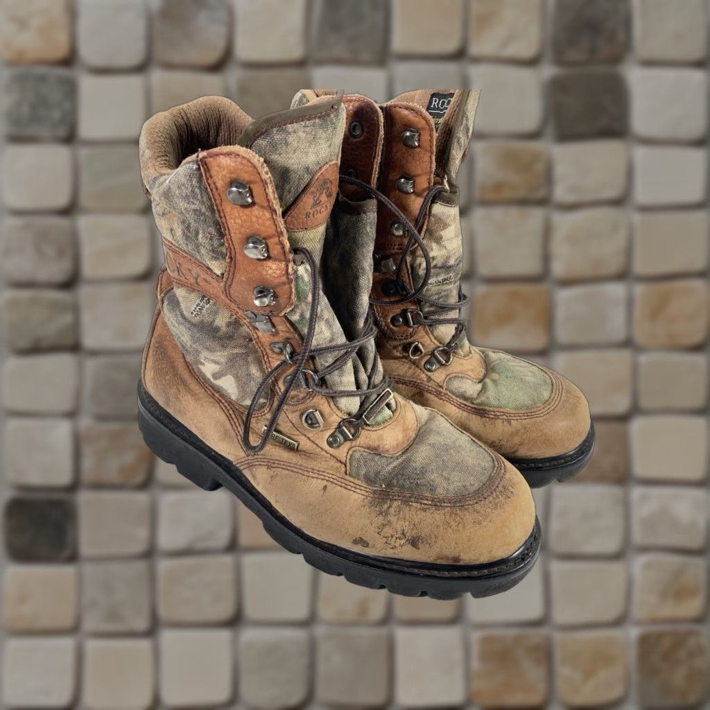 Vintage ROCKY Goretex Hunting Boots Men 10 M Brown Leather Lace Up Camouflage Leather Upper | Combat Style, Hunting Theme, Leather Outsole, US 10 Size US 10 / EU 43 - 1 Thumbnail