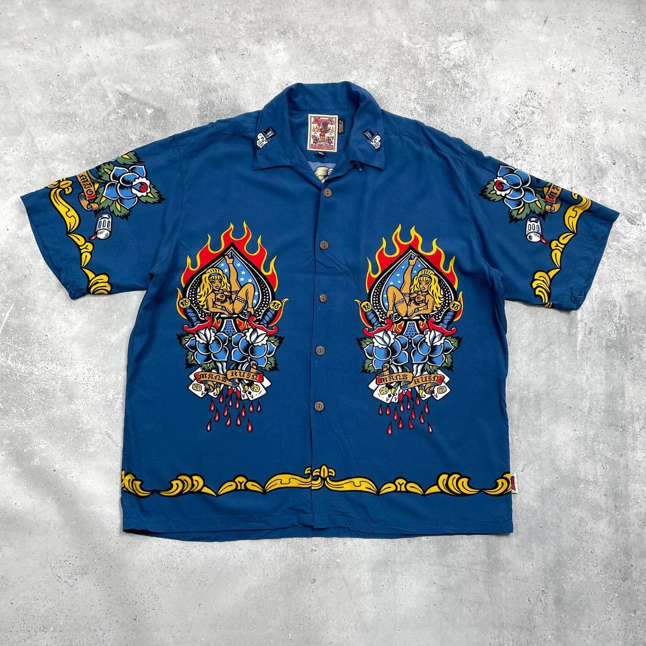 Vintage Mambo Mans Ruin Loud Short Sleeve Shirt Blue Size XL
