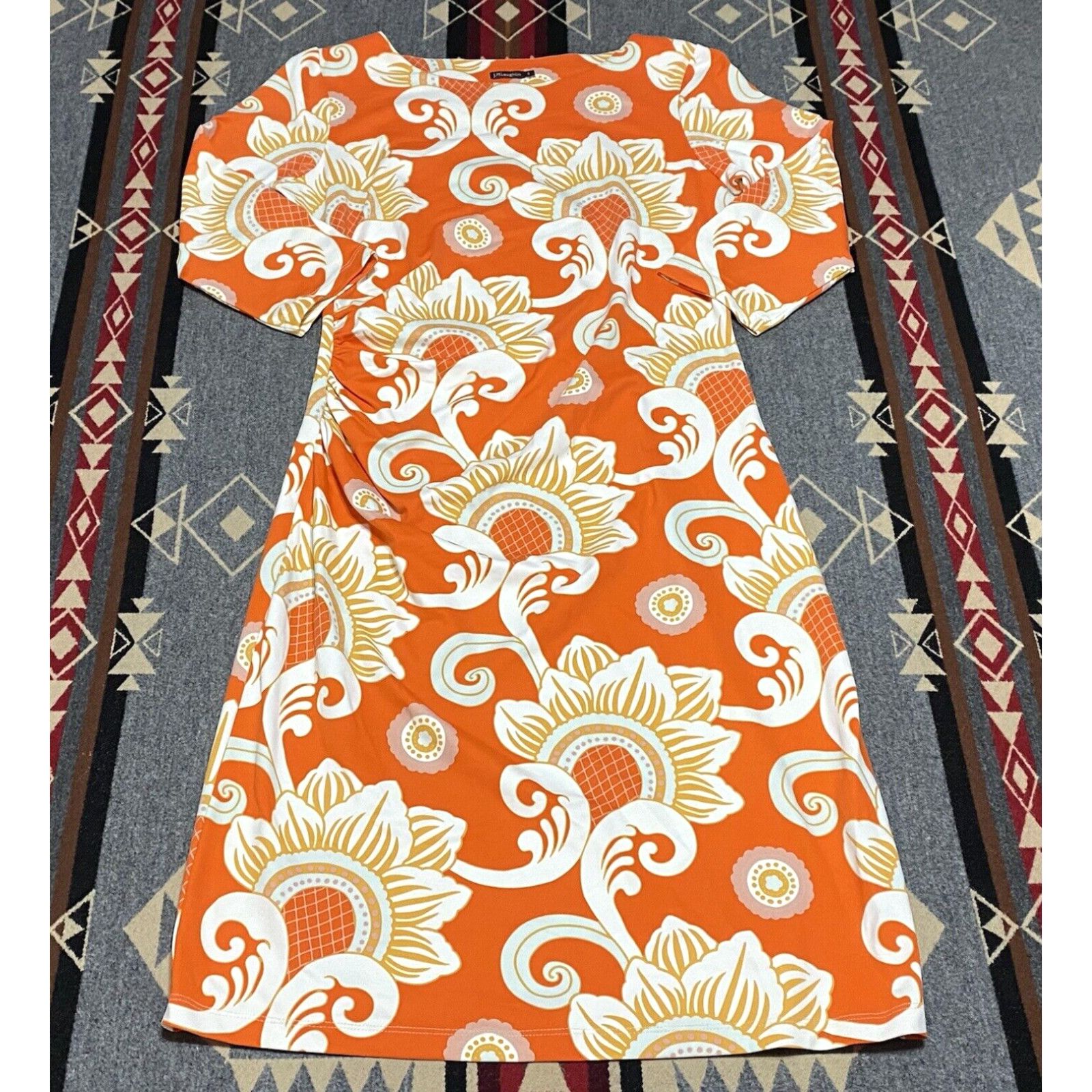 image of Vintage J.mclaughlin Orange White Sage Print Dress Size S Nylon 3/4 Sleeve Br, Women's