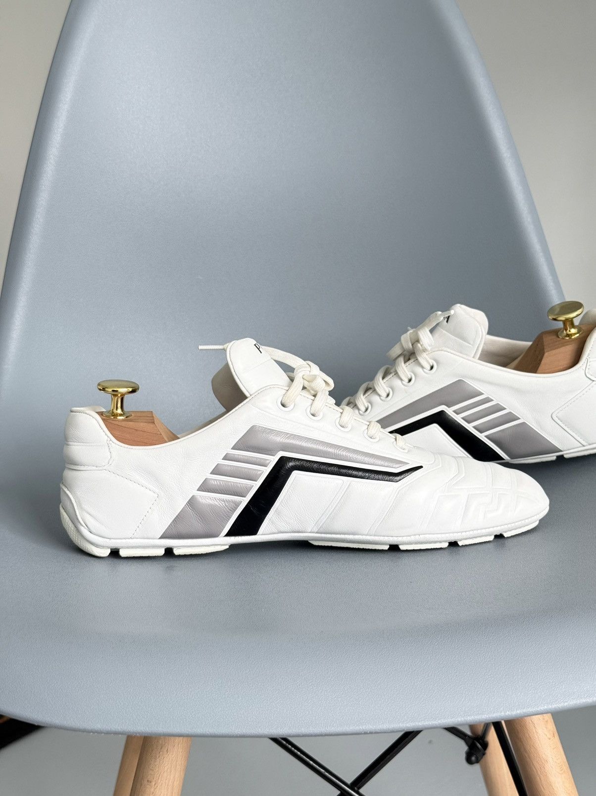Prada Prada Rev Sneakers White Padded Leather Gray Stripe Low Top Size US 9 / IT 39 - 7 Thumbnail