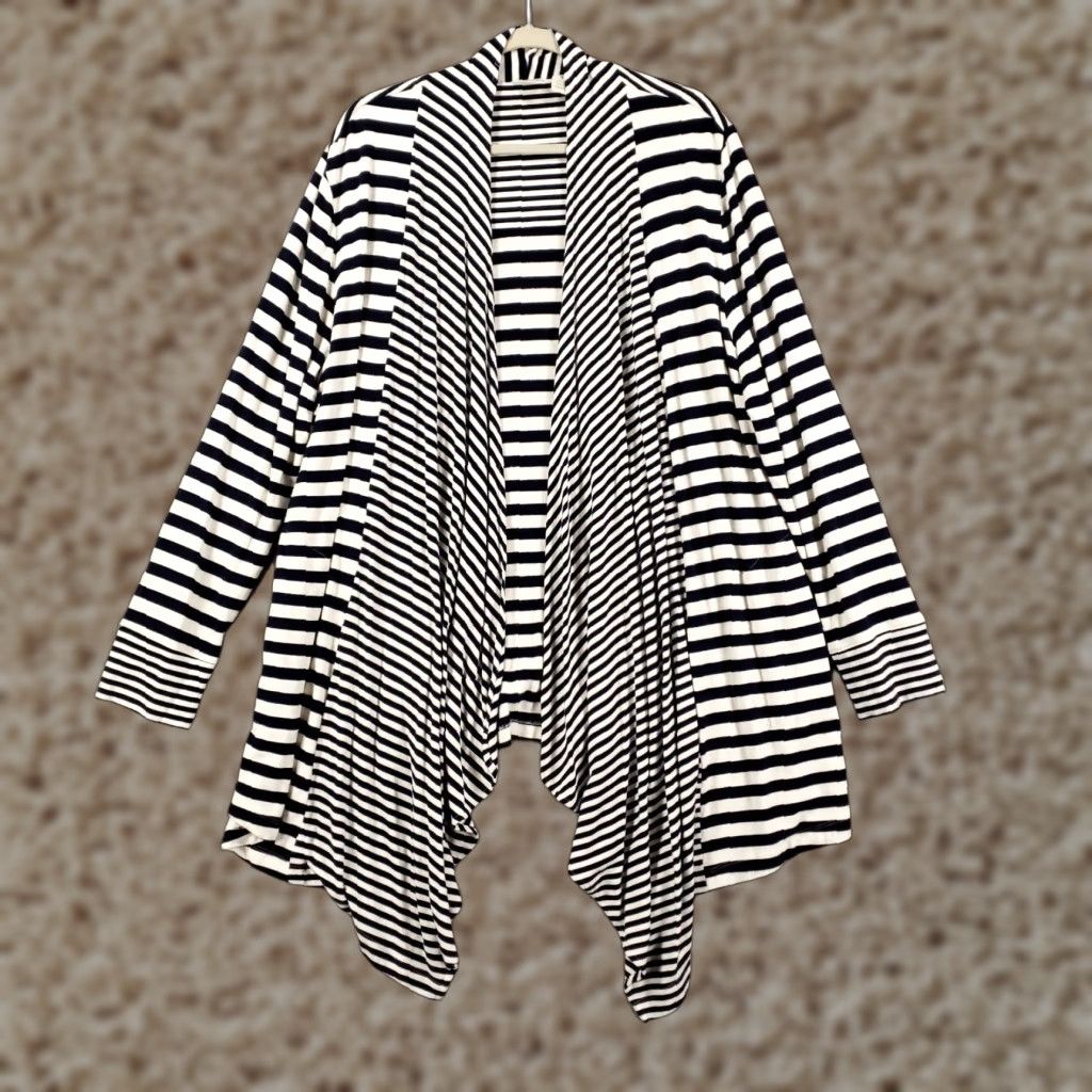 Vintage Chicos Cardigan Womens XL Navy Blue White Striped Waterfall Open-Knit Viscose Spandex Knit Casual Womens Size XL / US 12-14 / IT 48-50 - 1 Thumbnail