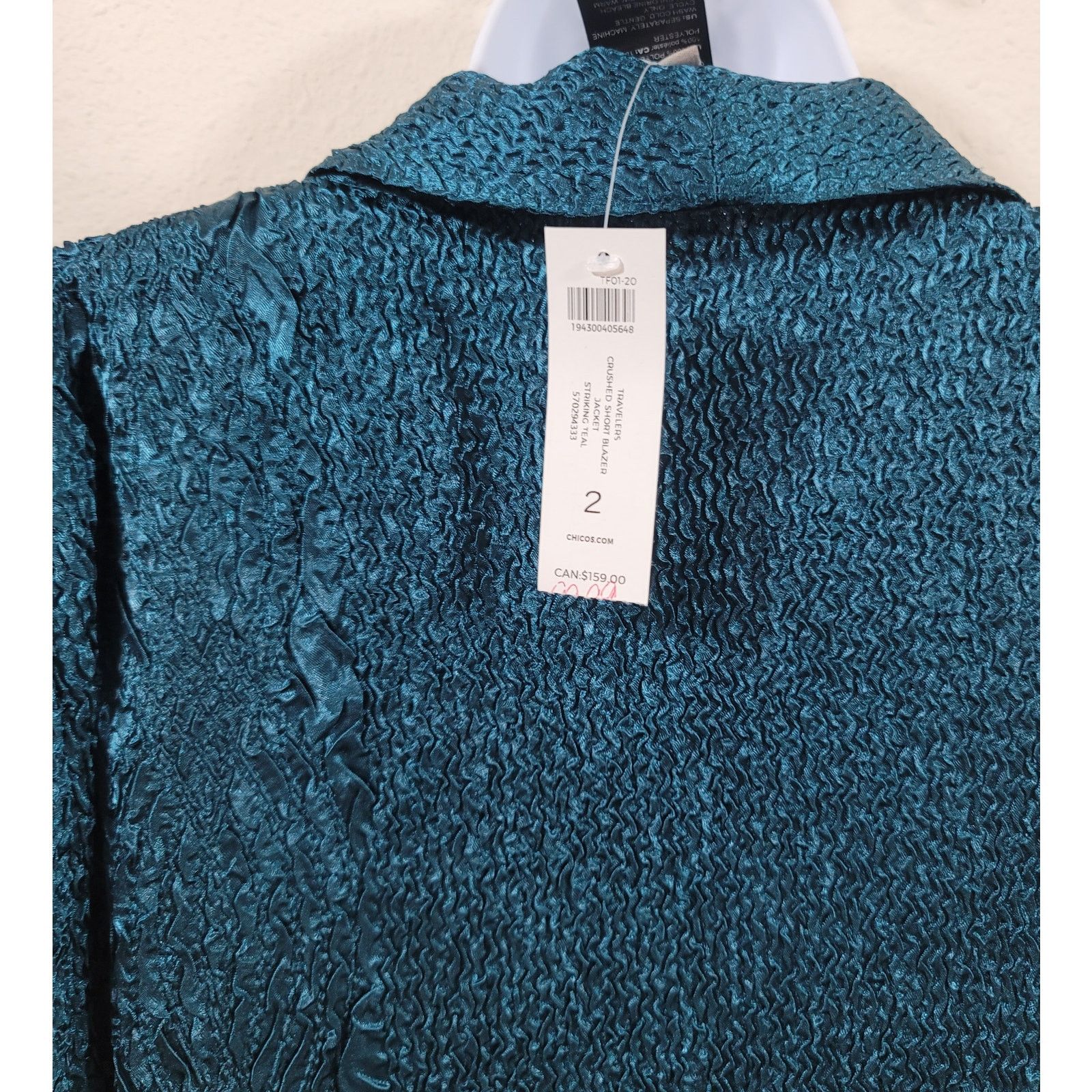 Chicos Chico's Traveler Striking Teal Crushed Short Jacket 2 L NWT Size L / US 10 / IT 46 - 7 Thumbnail