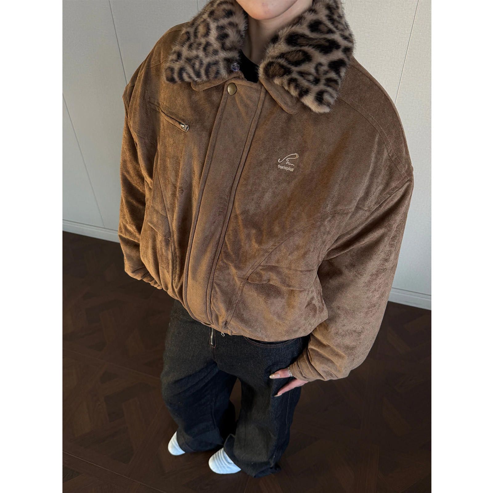 Vintage Brown Bomber Jacket with Leopard Faux Fur Collar Size US M / EU 48-50 / 2 - 2 Thumbnail