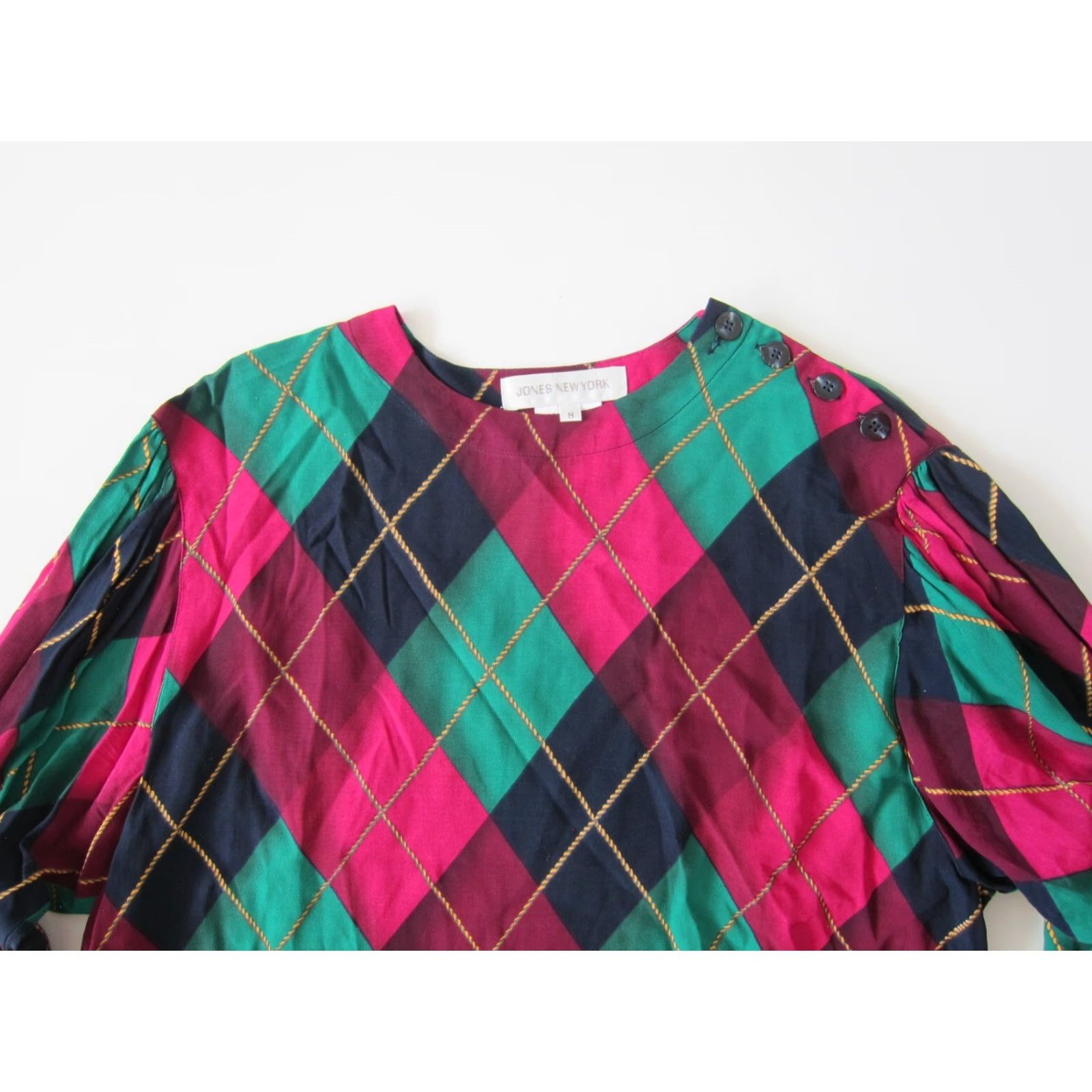 Jones New York VINTAGE Jones New York Blouse Shirt 8 Pink Green Blue Plaid Long Sleeve 100% Rayon Womens Size M / US 6-8 / IT 42-44 - 3 Thumbnail