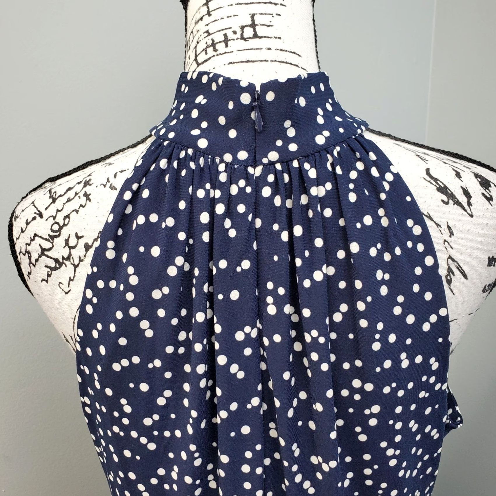 Vintage American Living Women 14 Navy White Polka Dot Halter Neck Back Zip Sheath Dress Size XL / US 12-14 / IT 48-50 - 5 Thumbnail