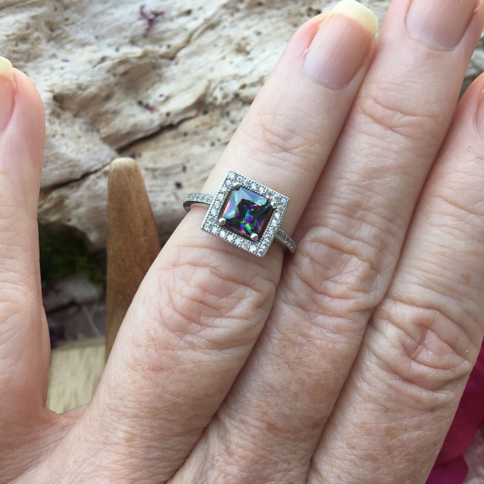 The Unbranded Brand Rainbow Topaz Sterling Silver Square Ring Size ONE SIZE - 4 Thumbnail