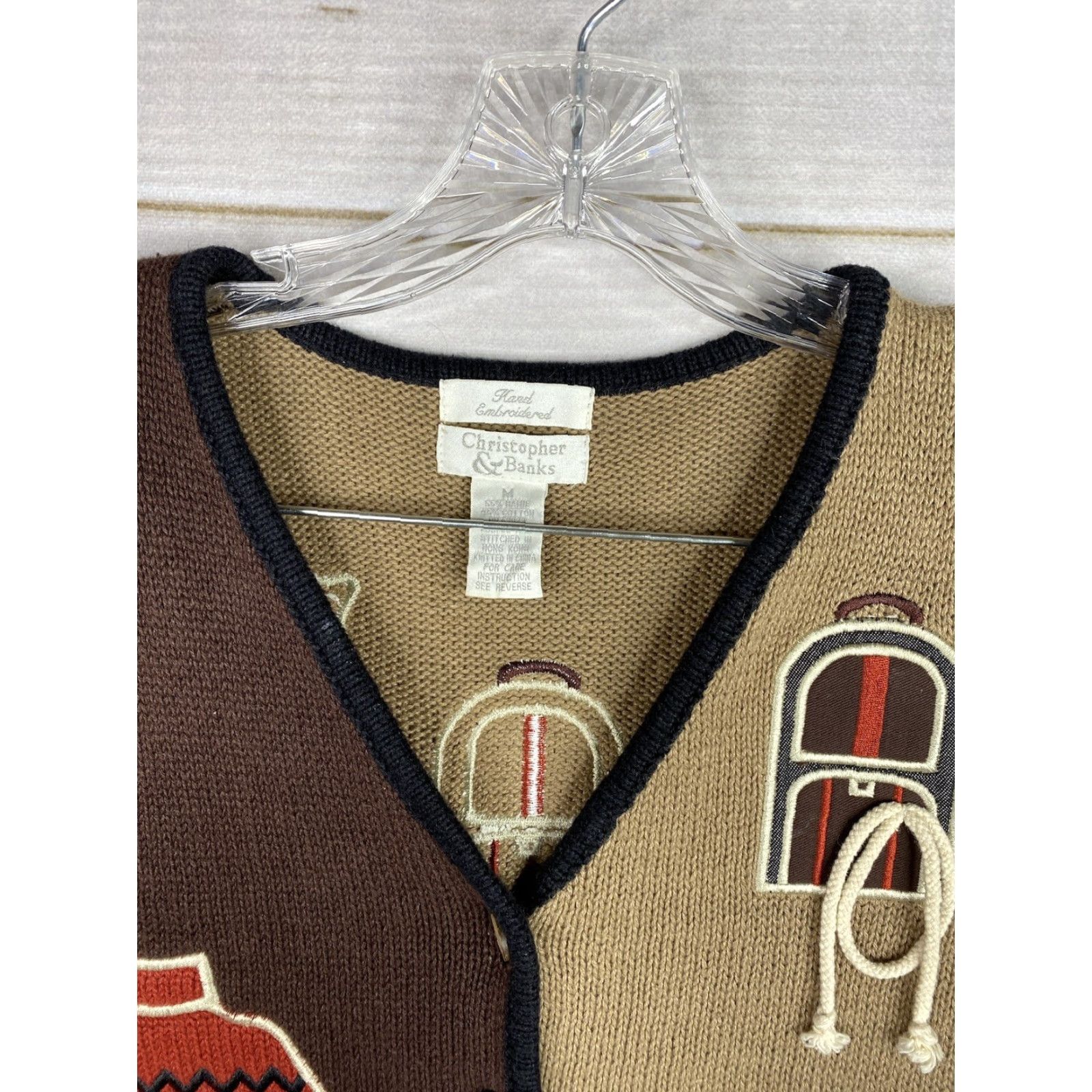 Vintage Christopher & Banks Vest Womens M Brown Embroidered Geometric Kitten Kitty Halloween Sleeveless V-Neck Casual Slim Breathable Regular Size M / US 6-8 / IT 42-44 - 3 Thumbnail