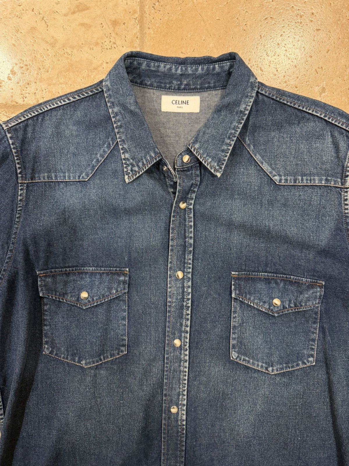 Celine Celine x Hedi Western Stone Wash Blue Denim Button Up Shirt Size US XXL / EU 58 / 5 - 10 Thumbnail