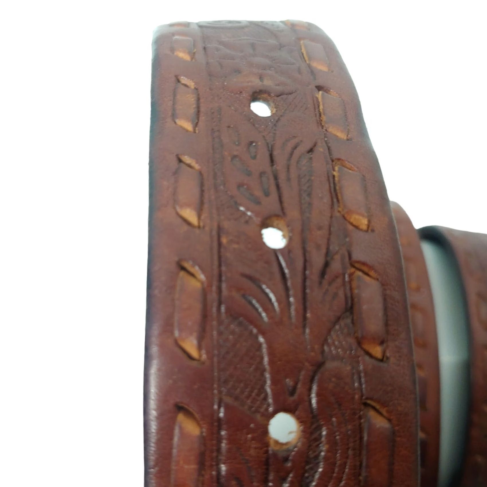 American Eagle Outfitters VINTAGE American Eagle Belt Tooled Leather Brown Floral Boho Unisex 31-35" Waist 1 3/8" Adjustable Womens Girls Mens Size ONE SIZE - 5 Thumbnail