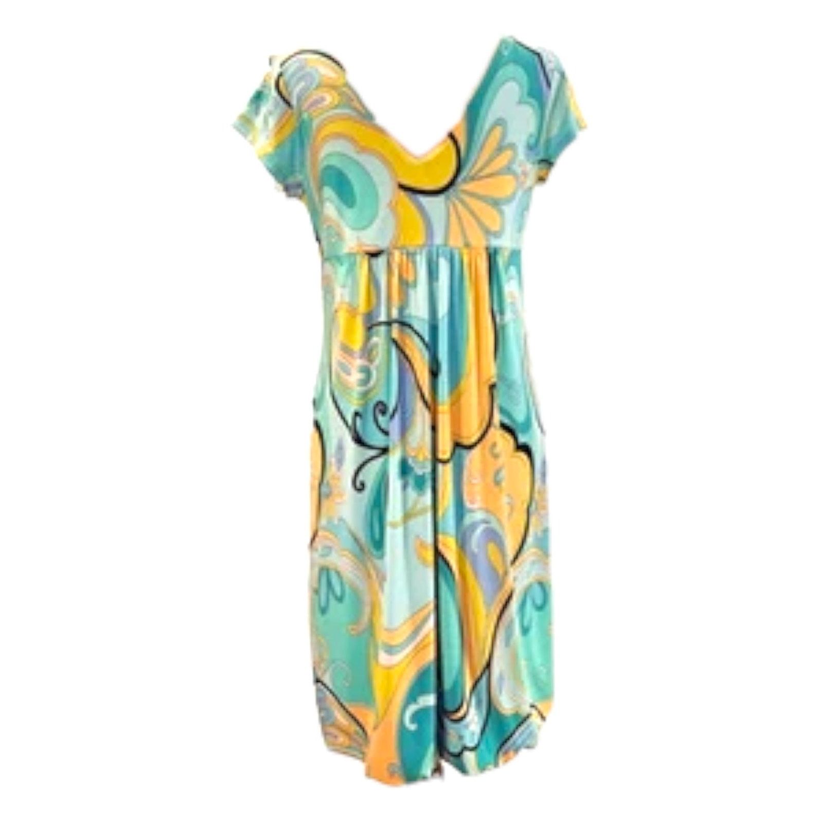 Essentials Essentials by A.B.S. Size Medium Dress Aqua & Yellow Midi Size M / US 6-8 / IT 42-44 - 3 Thumbnail
