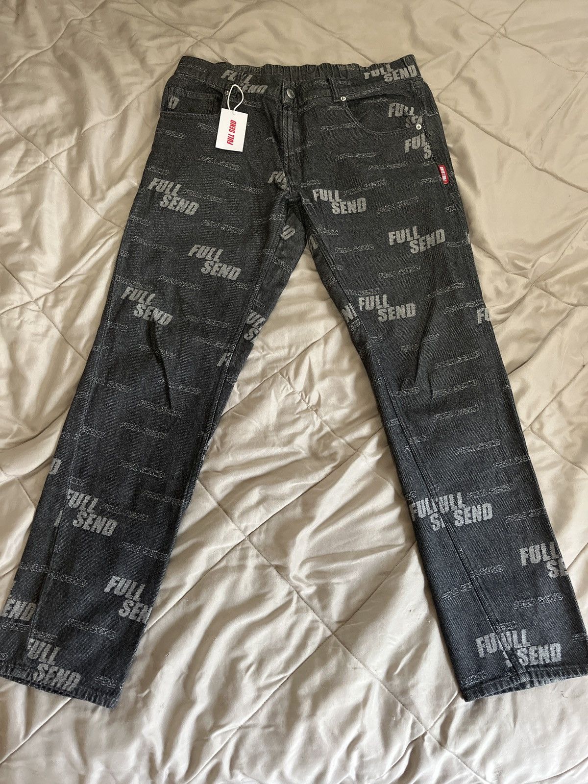 image of Full Send By Nelk Boys Full Send All Over Print Stretch Denims - Large in Grey, Men's (Size 33)