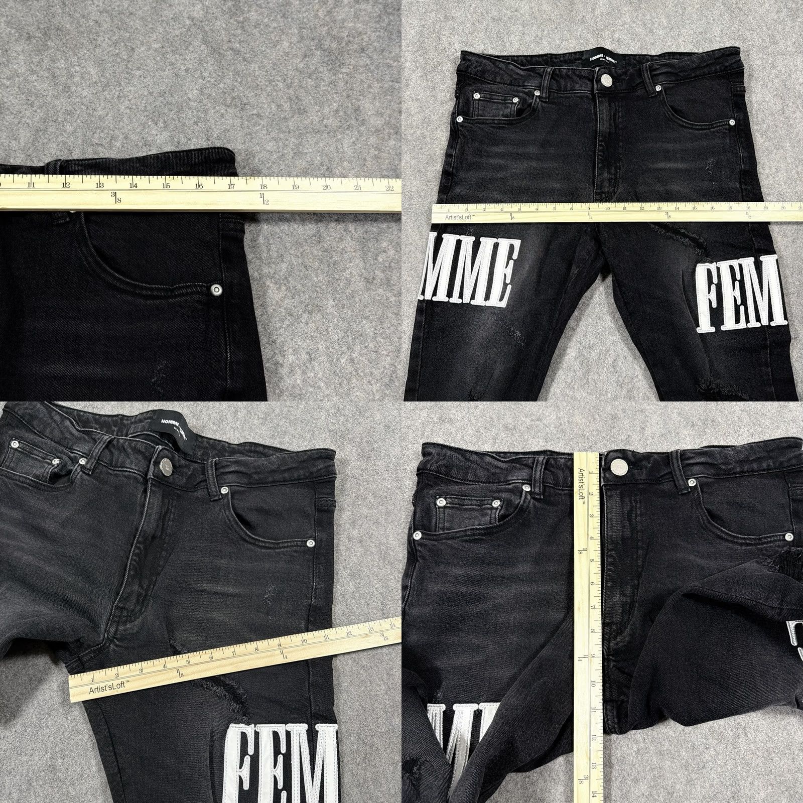 Vintage Homme Femme Patched Distressed Jean Men's Size 34 Black Denim Wear 5-Pocket Regular Rise 10-12in Inseam 30in Charcoal Wash Vintage No Mens Jeans Size US 34 / EU 50 - 8 Thumbnail