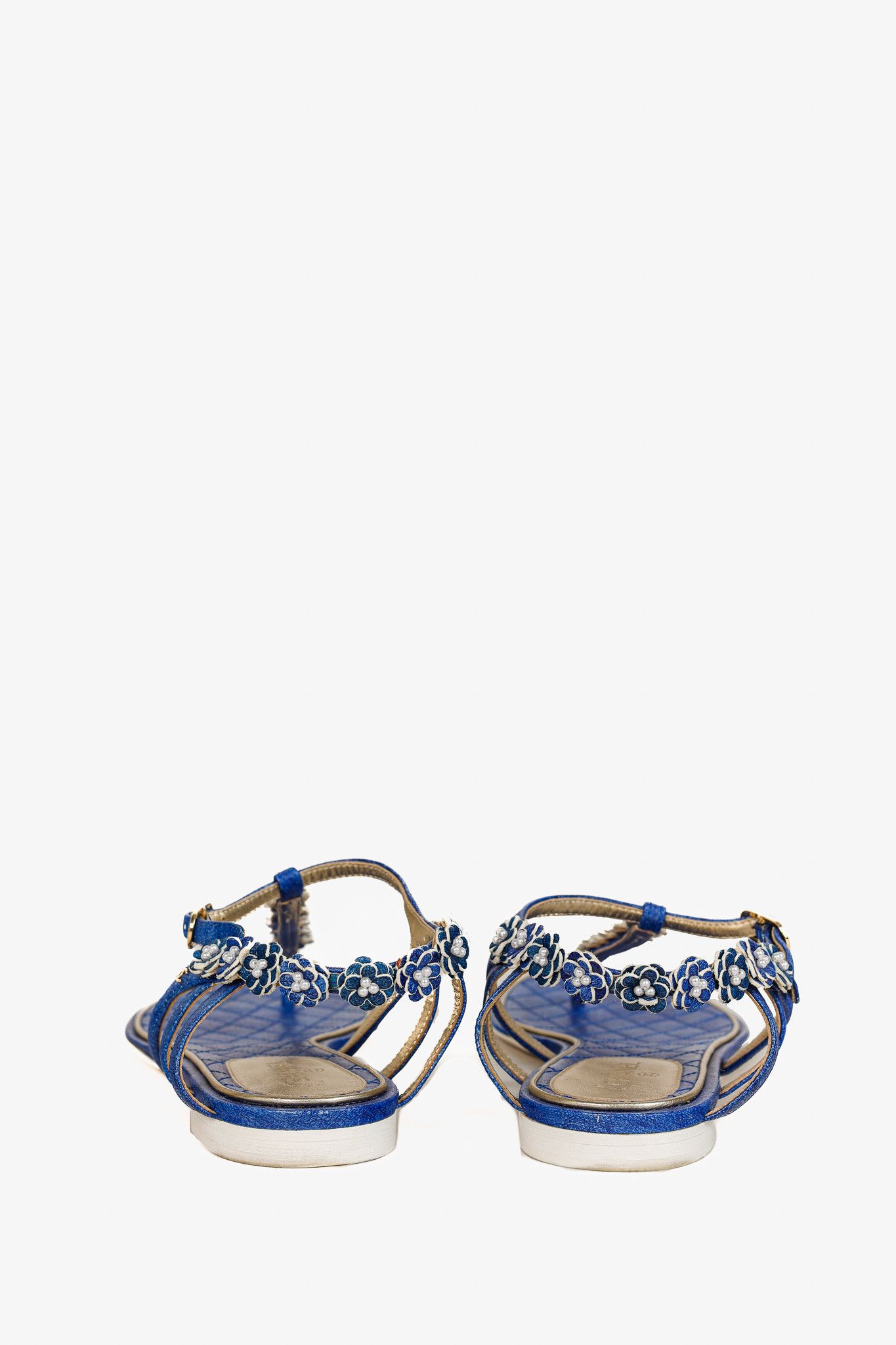 Chanel Chanel Blue Floral-Embellished Leather Thong Sandals Size US 10.5 / IT 40.5 - 4 Thumbnail