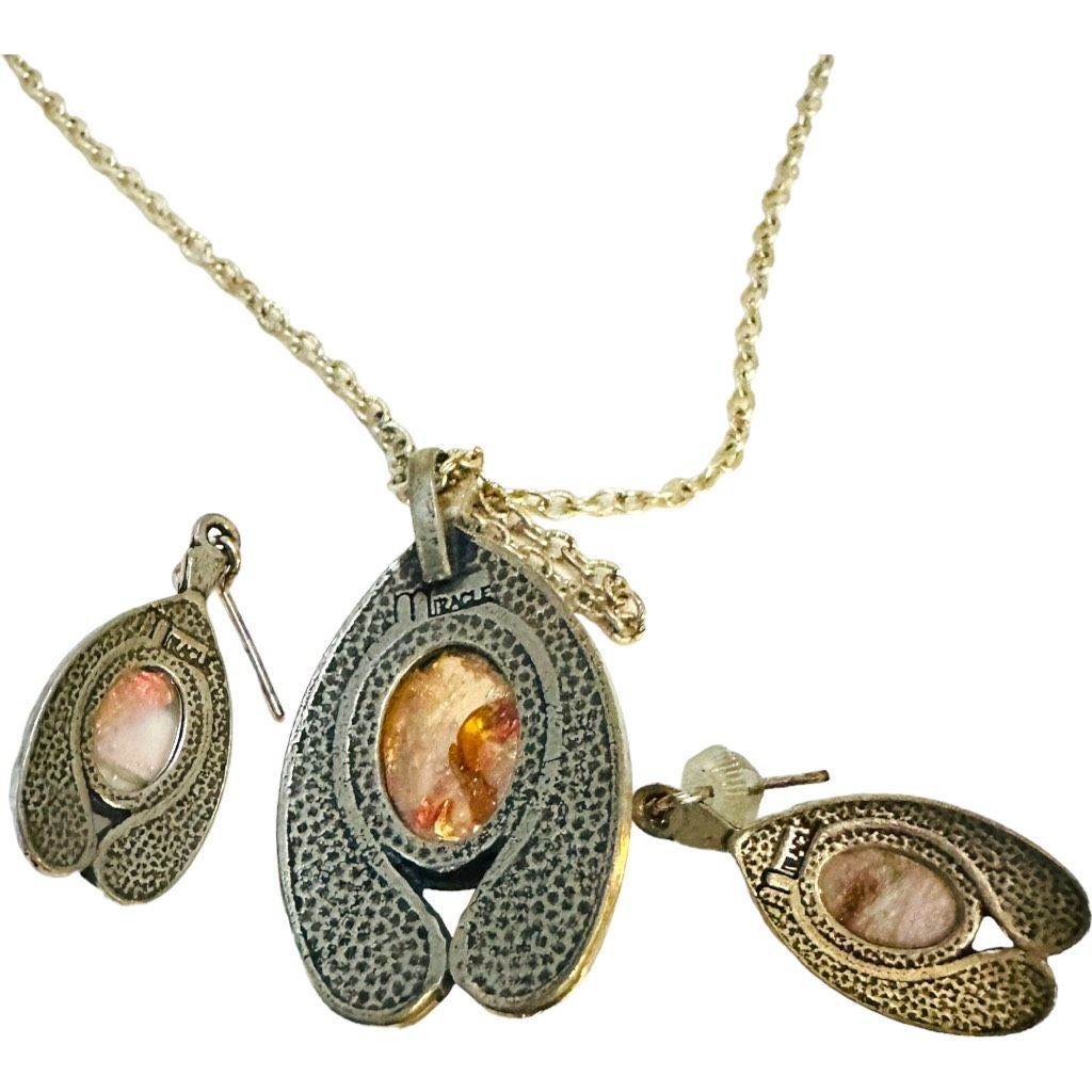 Other MIRACLE Signed Fire Opal Antiqued Gold Plate Celtic Serpent Necklace Pendant Earring Set Size ONE SIZE - 3 Preview