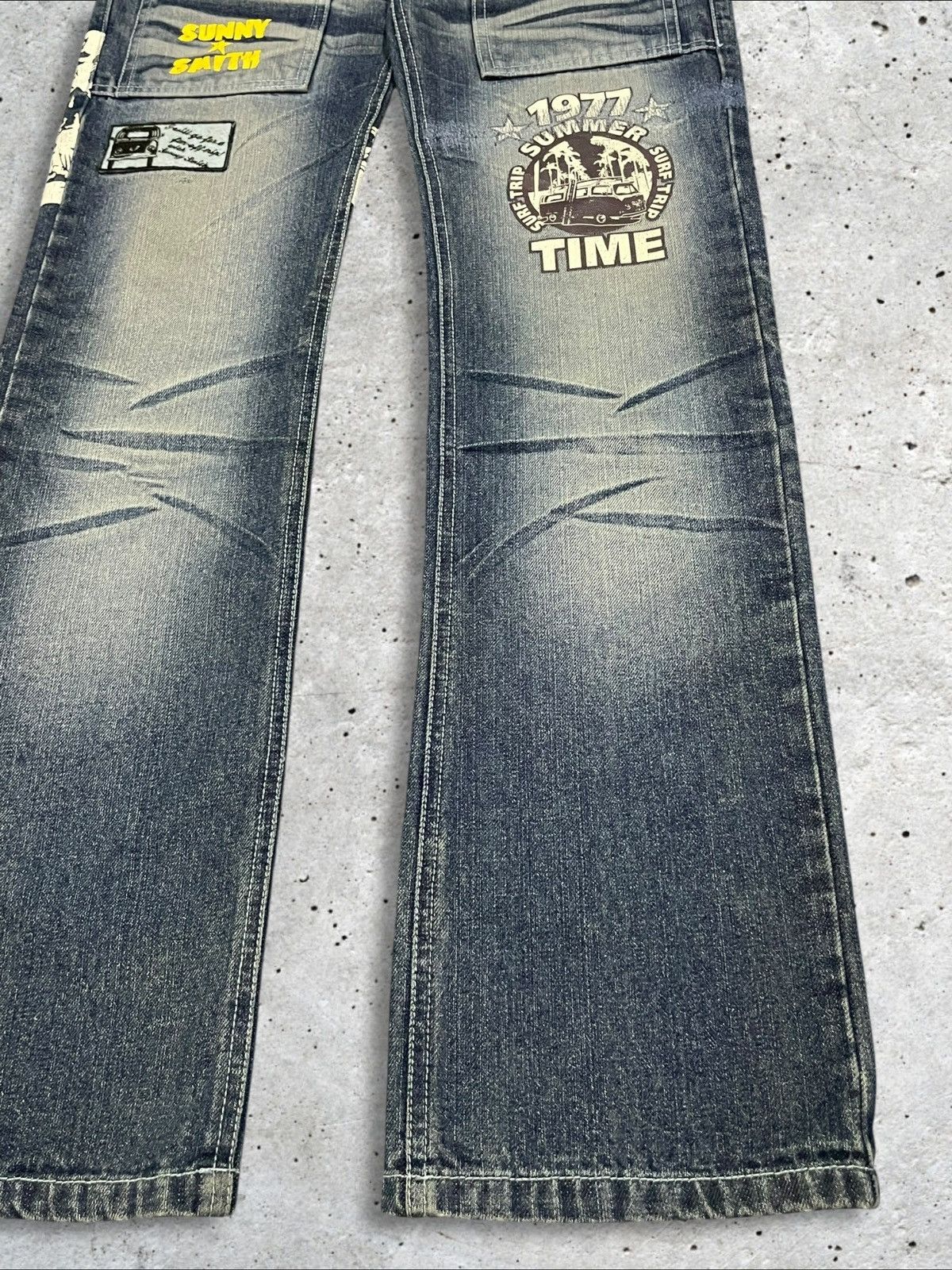 Japanese Brand Vintage Sunny Smith Patches Whiskers Blue Wash Bush Pants Size US 32 / EU 48 - 3 Thumbnail