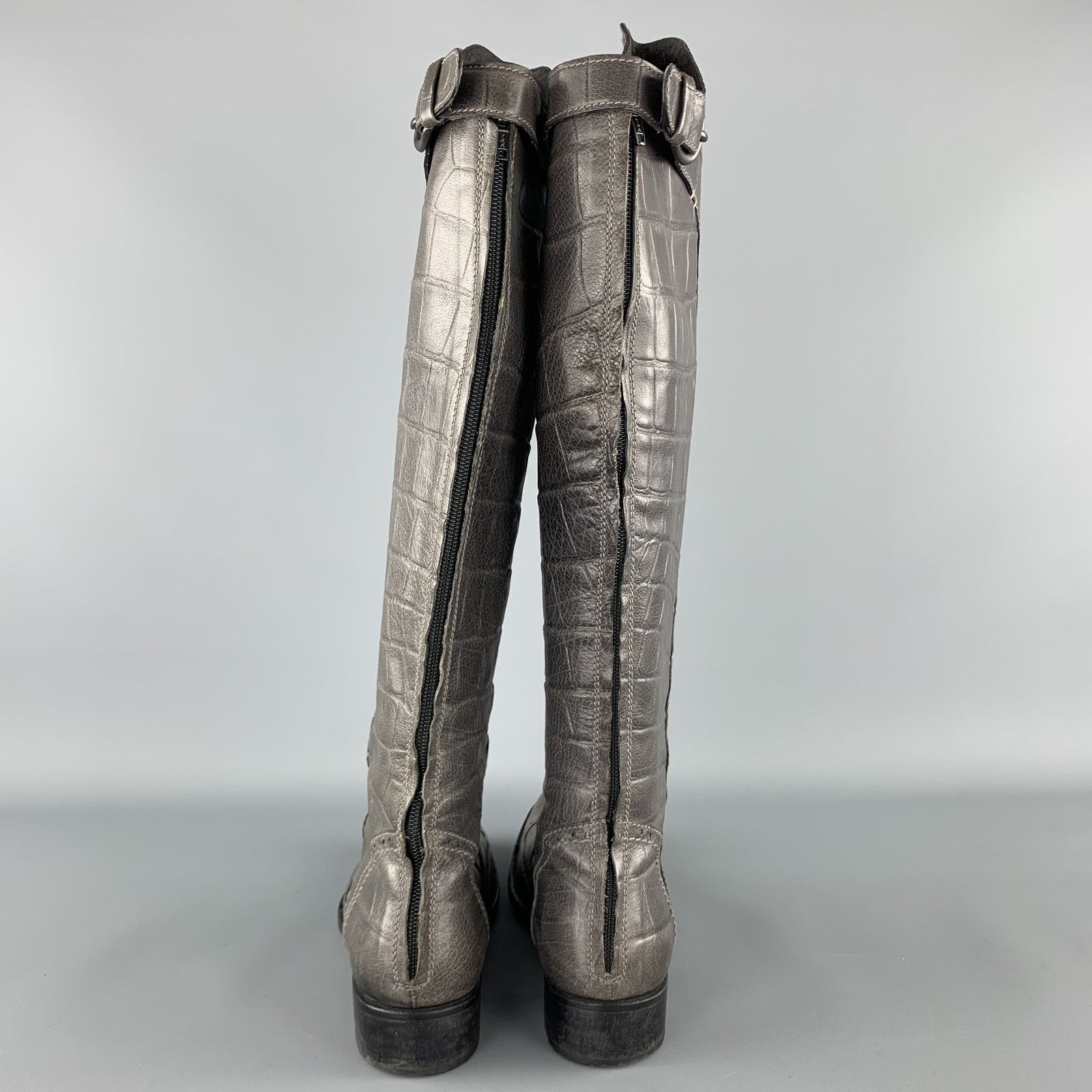 HENRY BEGUELIN Grey Crocodile Embossed Leather Knee High Boots Size US 8.5 / IT 38.5 - 5 Thumbnail