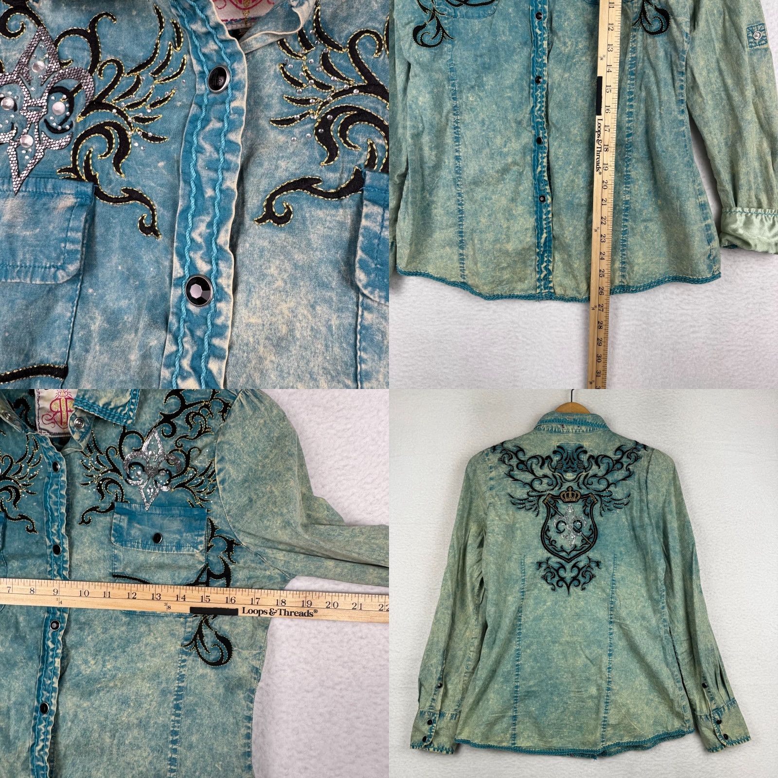 Roar ROAR Womens Medium Overdyed Grunge Rhinestone Embroidered Pearl Snap Shirt Size M / US 6-8 / IT 42-44 - 8 Thumbnail