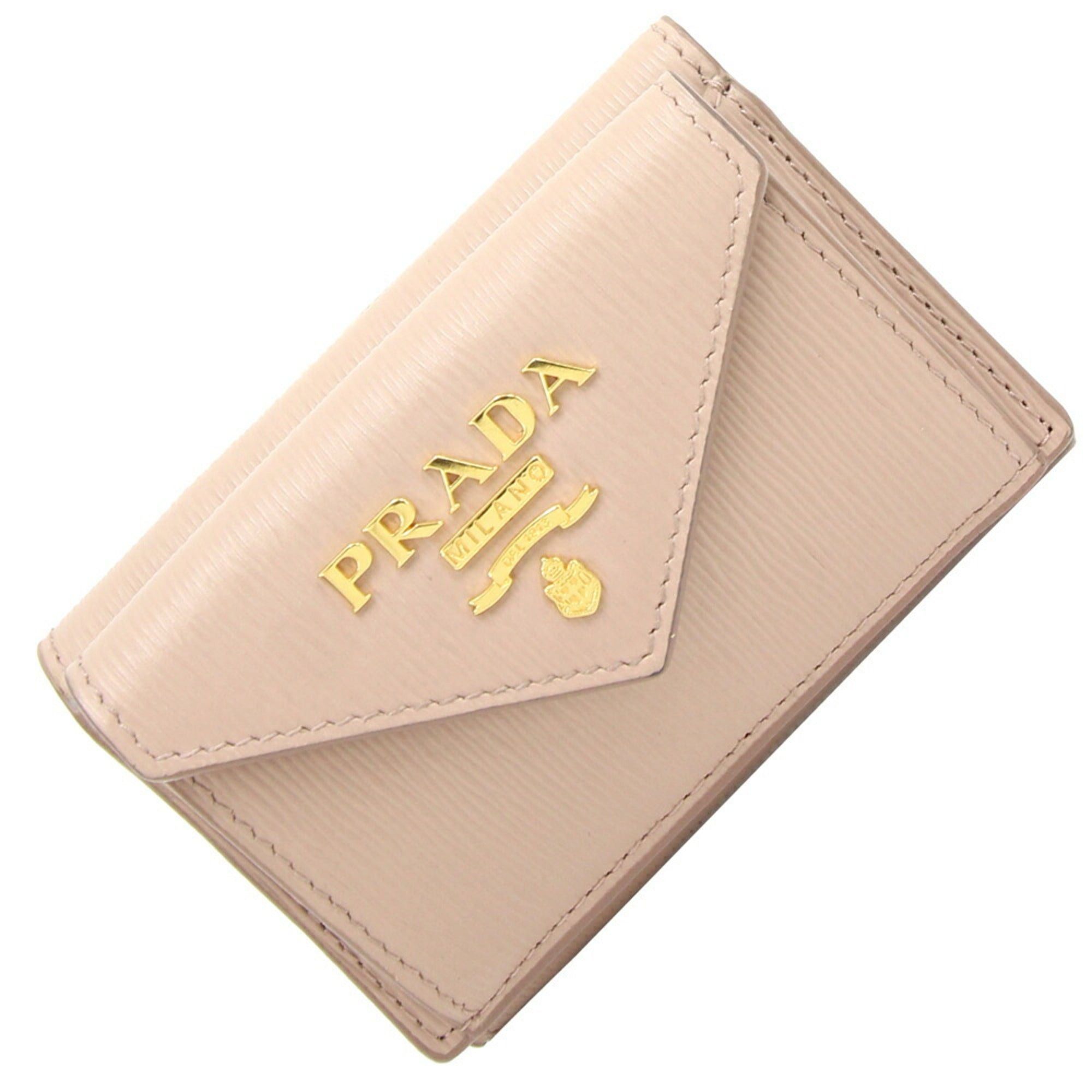 image of Prada Tri-Fold Wallet 1Mh021 Beige Leather Compact Small Women's in Tan
