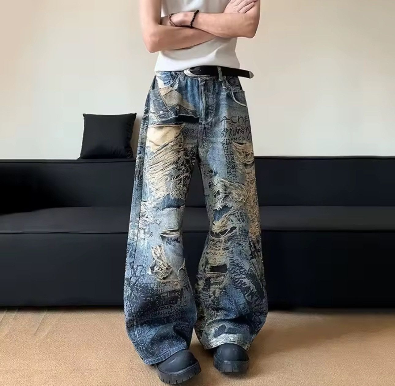 Other Design Printing Graphic 3D Baggy Straight Jeans Size US 33 - 1 Thumbnail