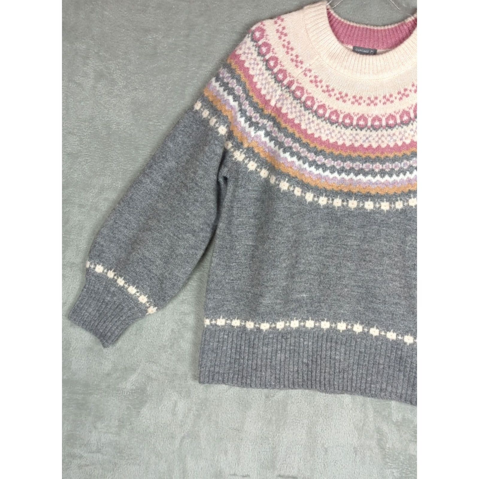 YOKE Cupcake Clothing Ltd. Women's Fair Isle Wool Blend Sweater XL Gray Balloon Sleeve Crew Neck Pullover Winter Casual NWT Size XL / US 12-14 / IT 48-50 - 2 Thumbnail