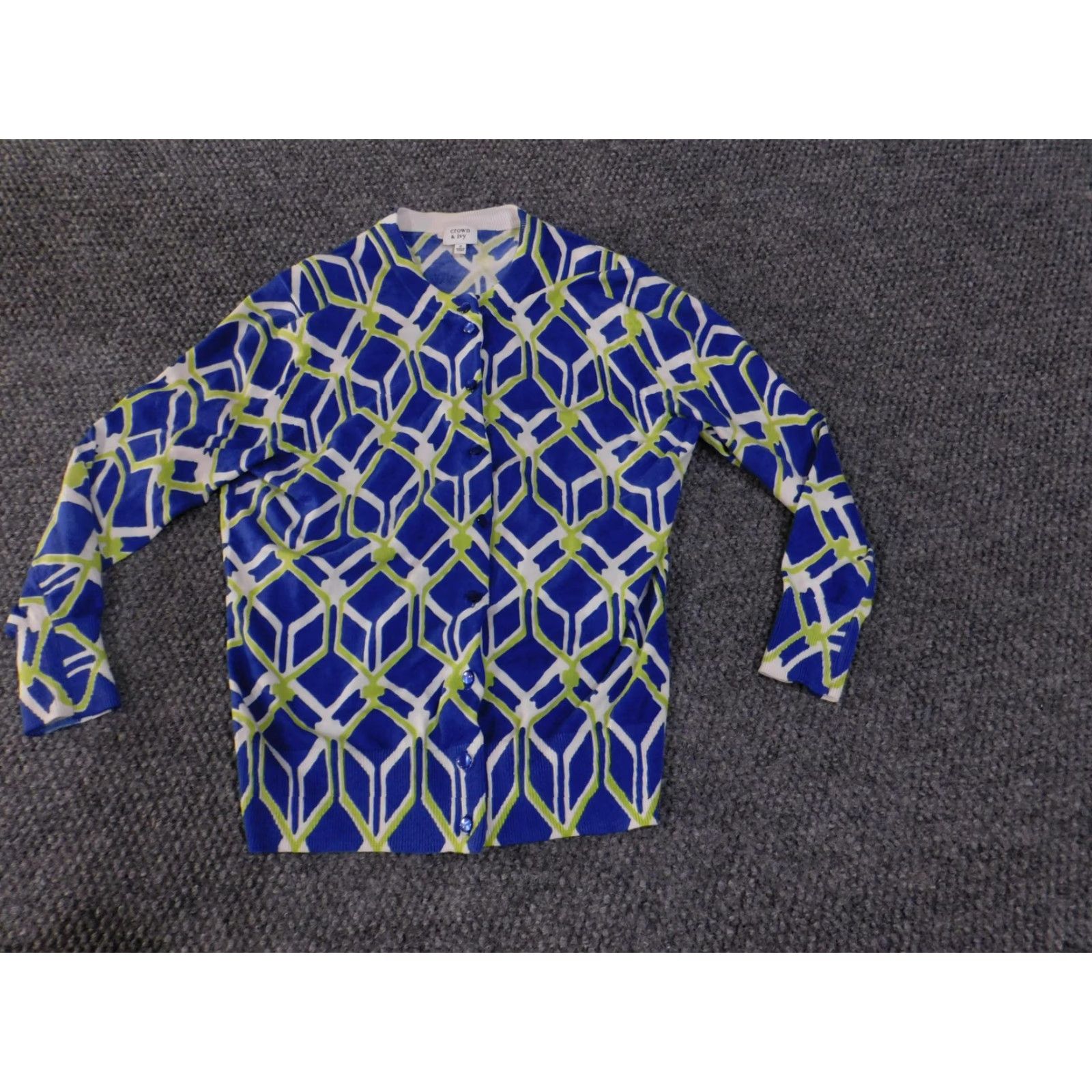 Vintage Crown & Ivy Sweater Cardigan Women's Small Geometric Print Lightweight Crew Neck Button Front Long Sleeve Home Size S / US 4 / IT 40 - 3 Thumbnail