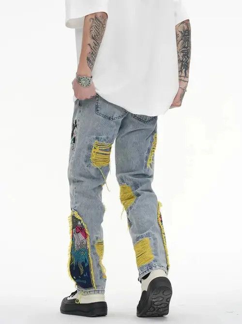 Jean Embroidered Patch Denim Ripped Jeans Size US 34 / EU 50 - 2 Thumbnail