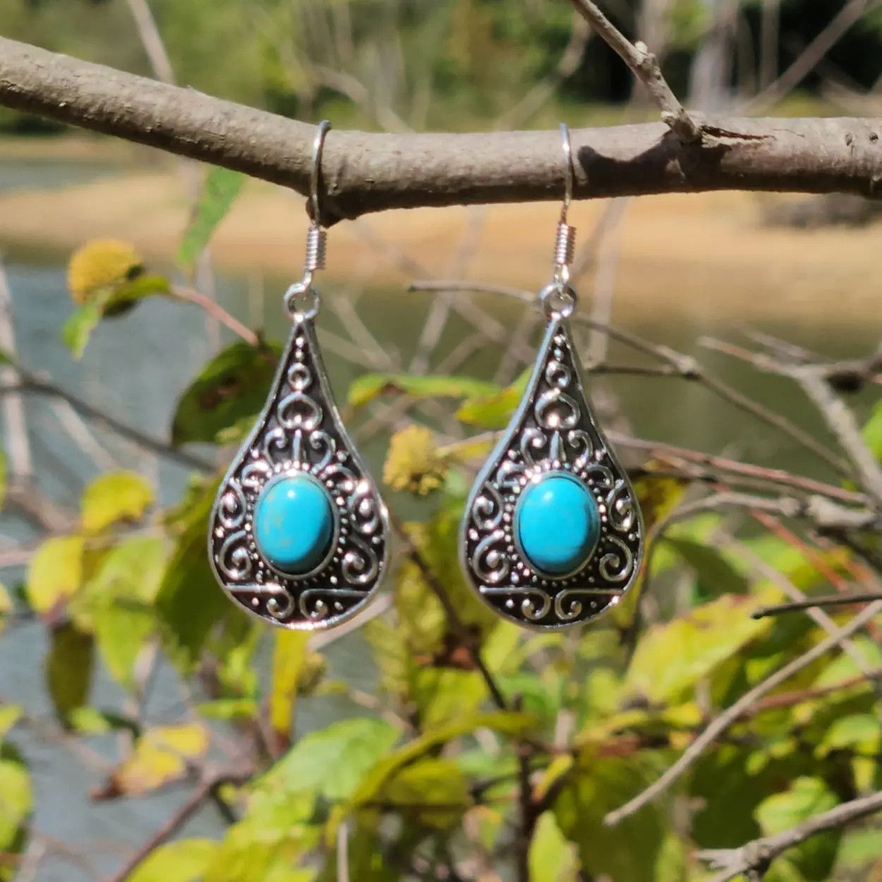 Jewelry Blue Turquoise Dangle Earrings – Handmade Boho Silver Drop Size ONE SIZE - 2 Thumbnail