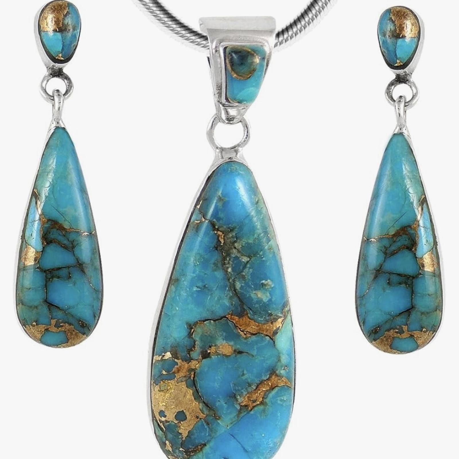 Designer Sterling Silver Genuine Turquoise Necklace and Earrings Set Size ONE SIZE - 3 Thumbnail