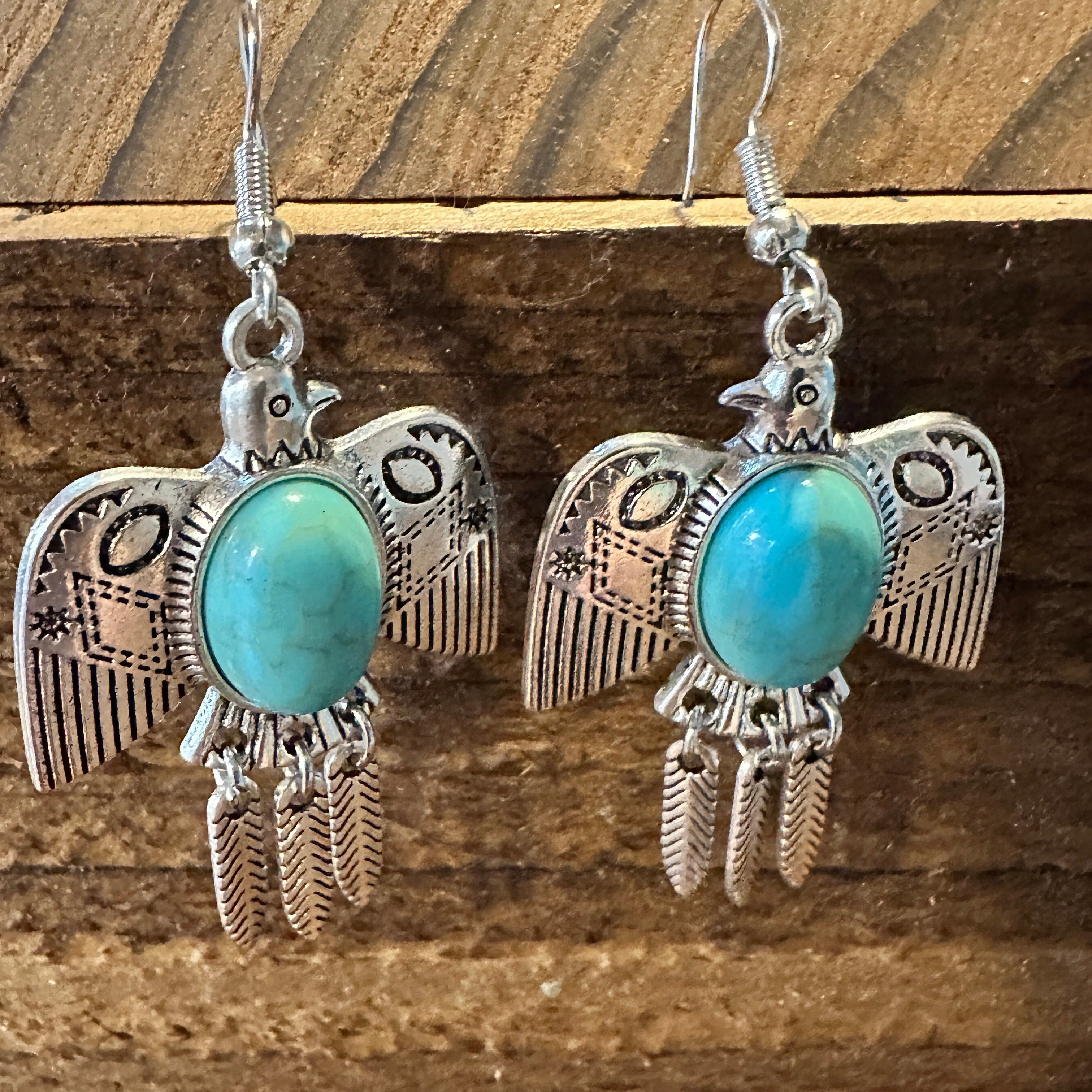 Other Navajo Thunderbird Turquoise Drop Earrings with Silver Plati Size ONE SIZE - 1 Thumbnail
