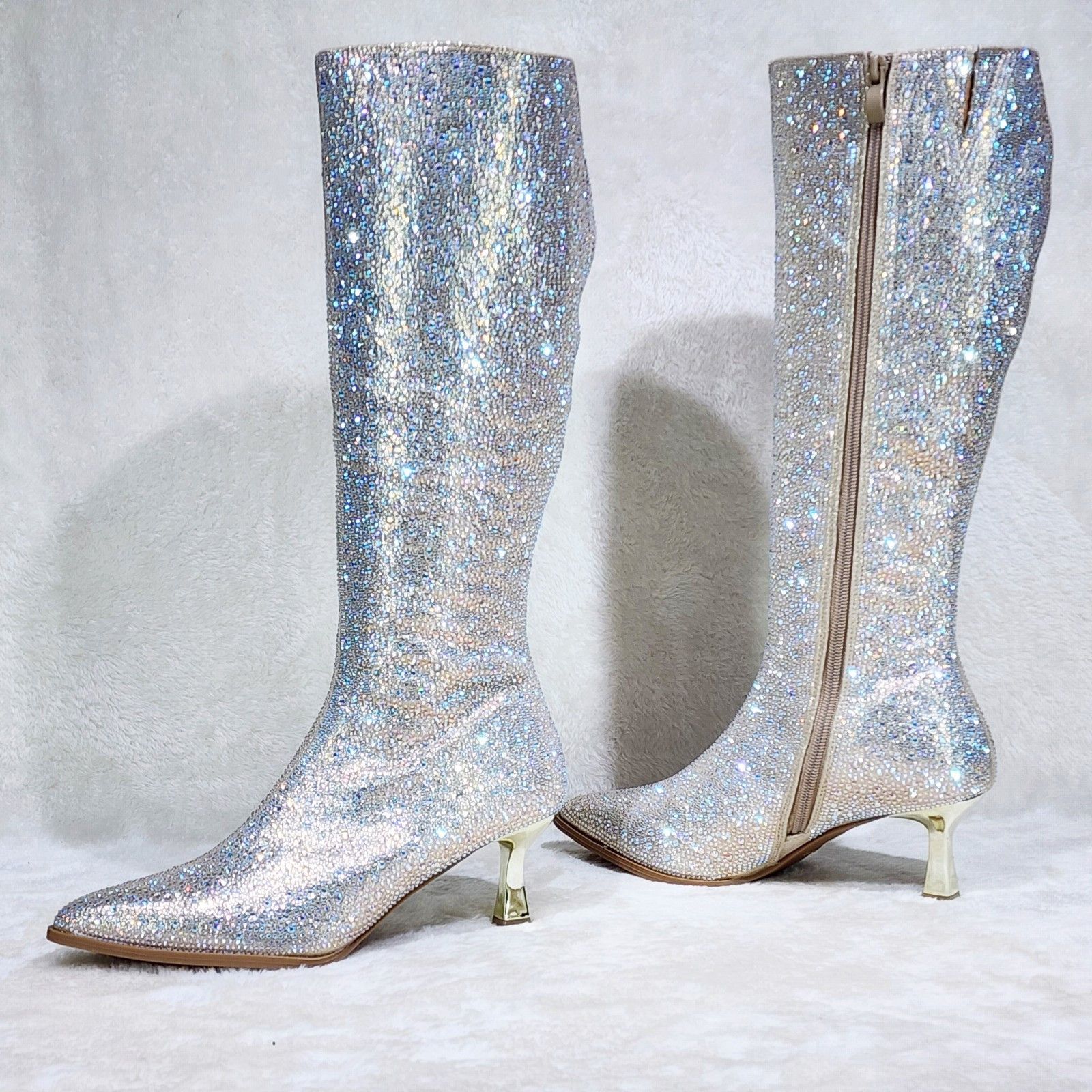 Other Gold Rhinestone Knee Boots 2.5" Kitten Heels Wide Friendly Size US 7 / IT 37 - 3 Thumbnail