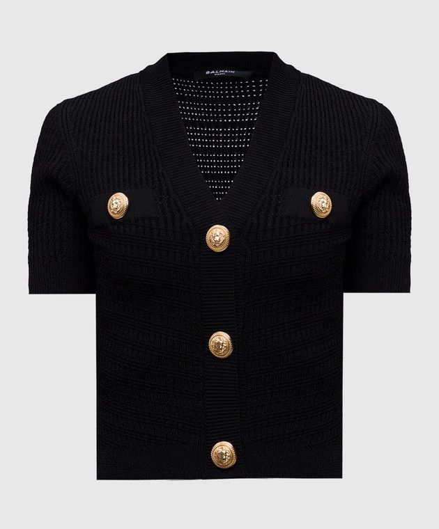 Balmain o1s1wg110526 Black Short-Sleeved Patterned Cardigan in Black Size L / US 10 / IT 46 - 1 Thumbnail