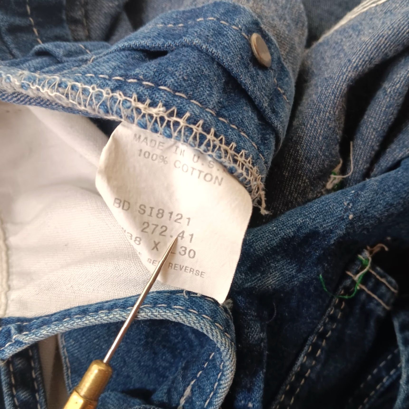 VINTAGE Key Denim Overalls 38x30 Jeans Work Mens 5-Pocket Blue Cotton USA Repaired Patch Stitches 1980s