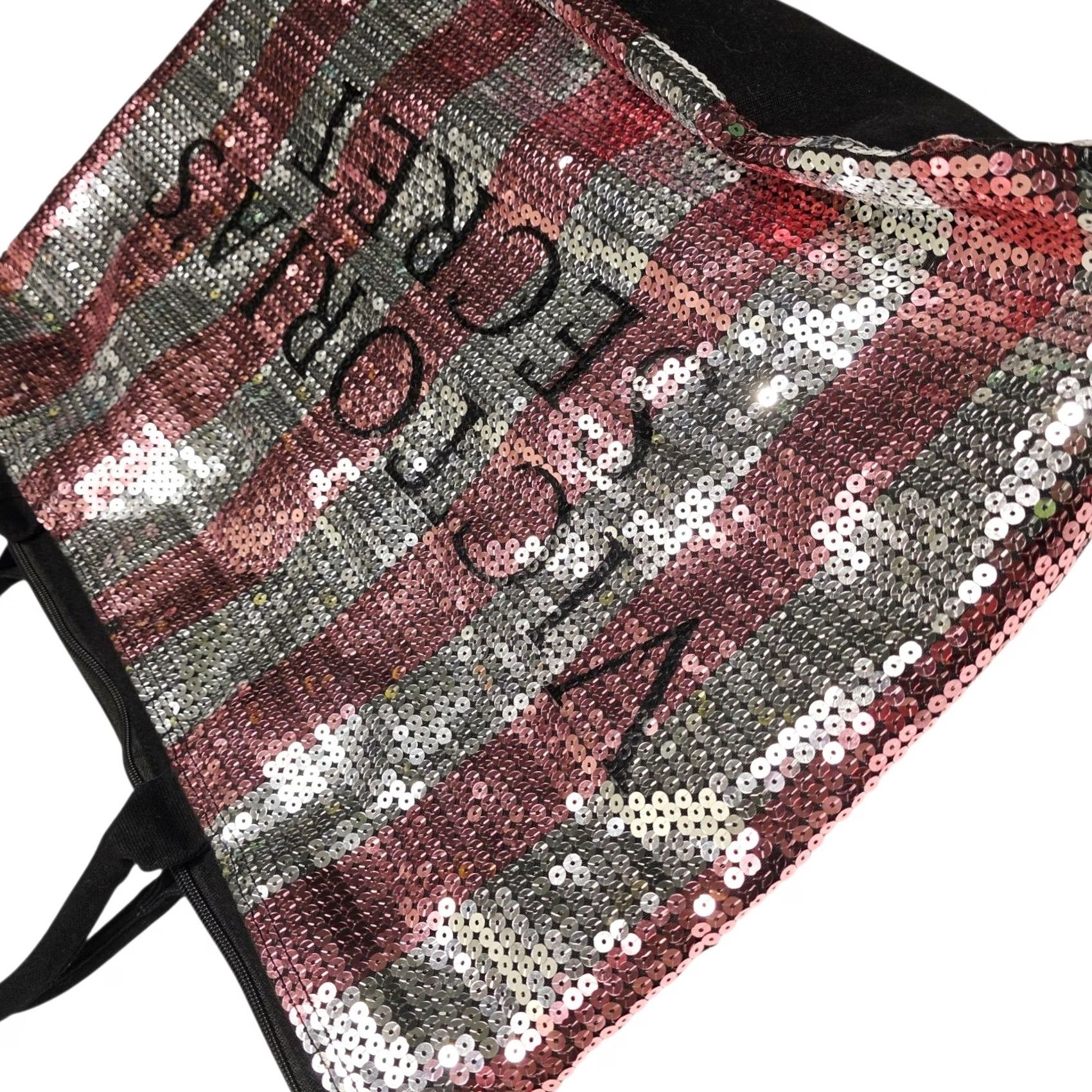 Victoria's Secret Victoria's Secret Tote Large Zip Shoulder Bag Sequin Striped Pink Weekender Bag Beach Classic Love Womens Size ONE SIZE - 3 Thumbnail