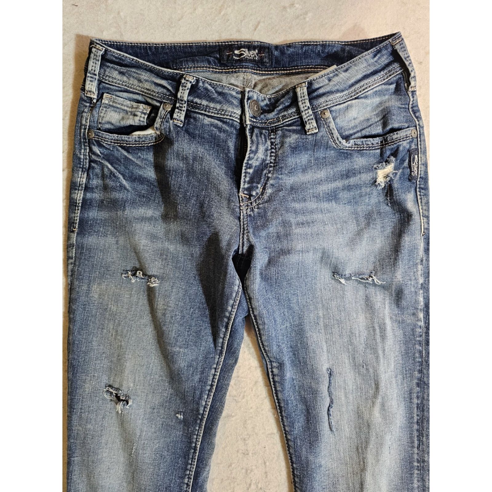 Silver Jeans Co. VINTAGE? No — Silver Jeans Co. "Sam" Straight Leg Distressed Denim Jeans Women's 28w 27 Inseam Blue 28 5-Pocket Mens? Womens Size 28" / US 6 / IT 42 - 2 Thumbnail