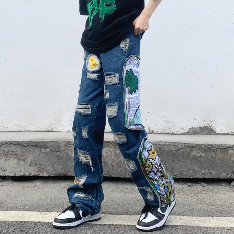 image of Y2K Windows Patch Grunge Hip Hop Jeans in Blue, Men's (Size 32)