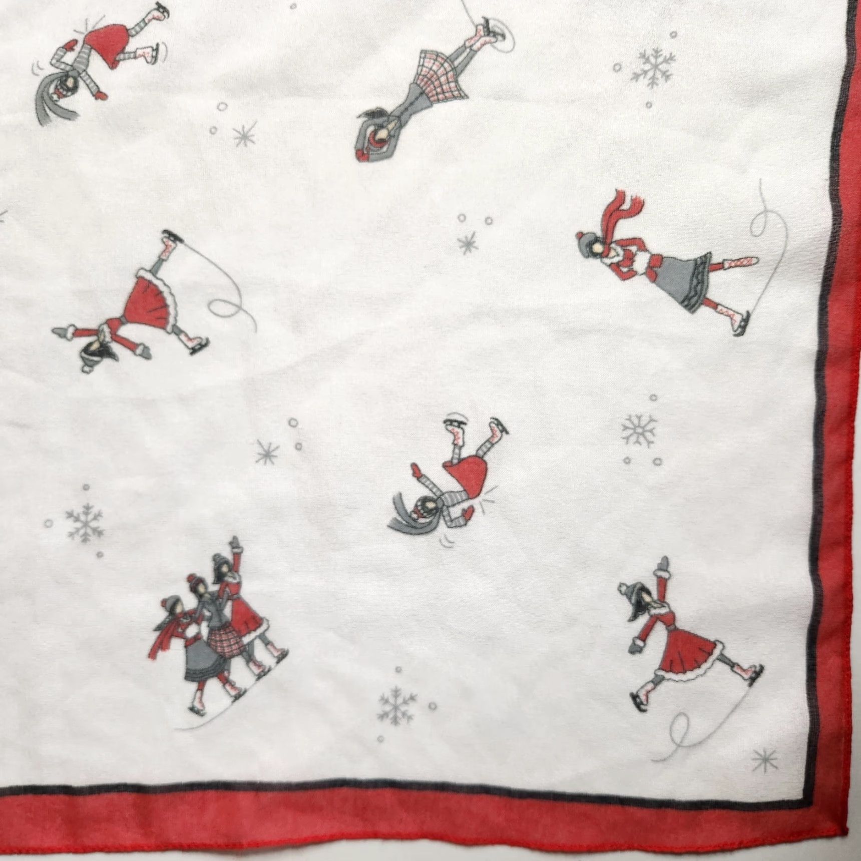 Vintage Winter Scene Iceskating Snowflakes 100% Polyester Square Scarf-20x20" Ivory Red Women Scarf Winter Chiffon Square Size ONE SIZE - 5 Thumbnail