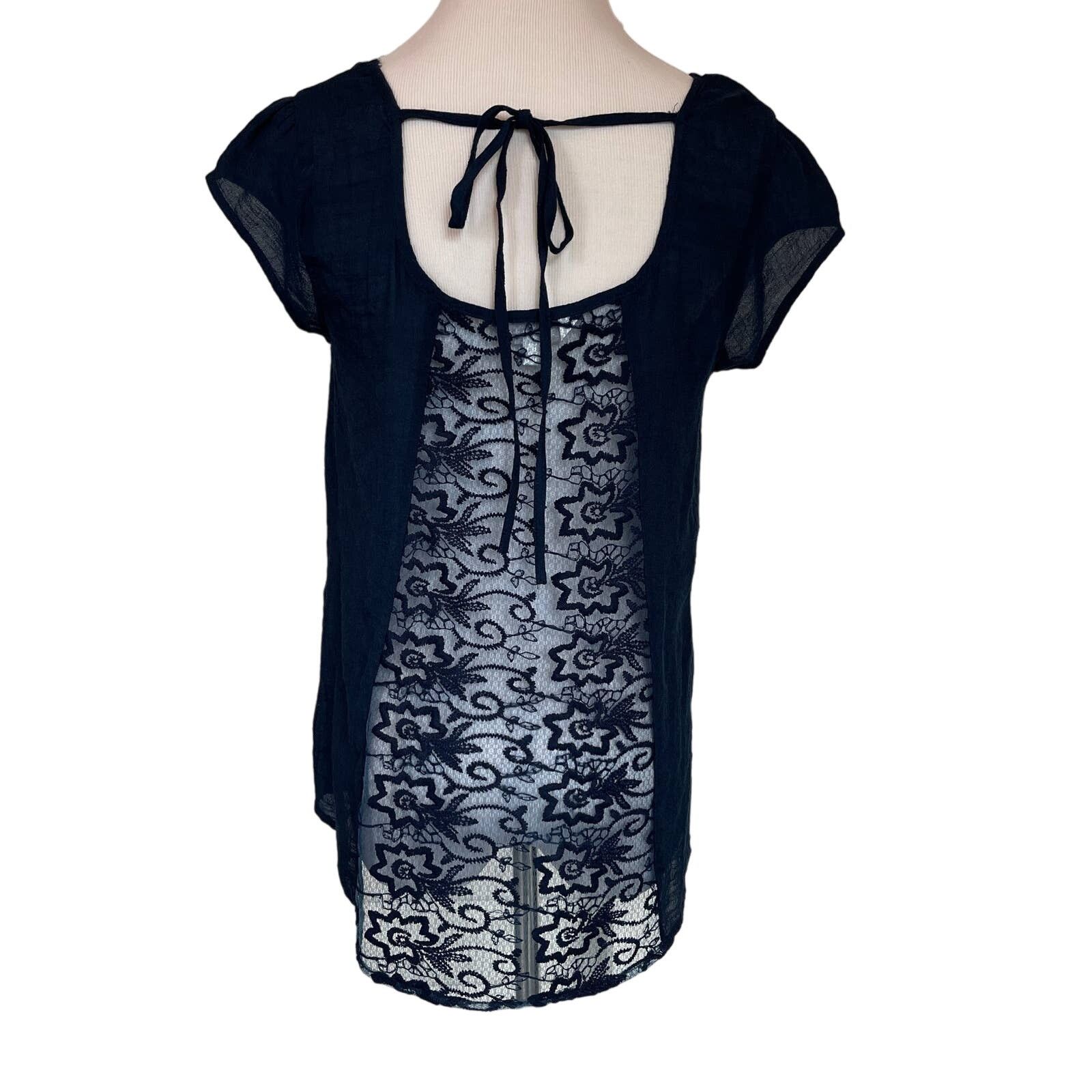 Other Navy Blue Short Sleeve Sheer Lace Detail Tie Back Blouse Top Size S / US 4 / IT 40 - 2 Thumbnail