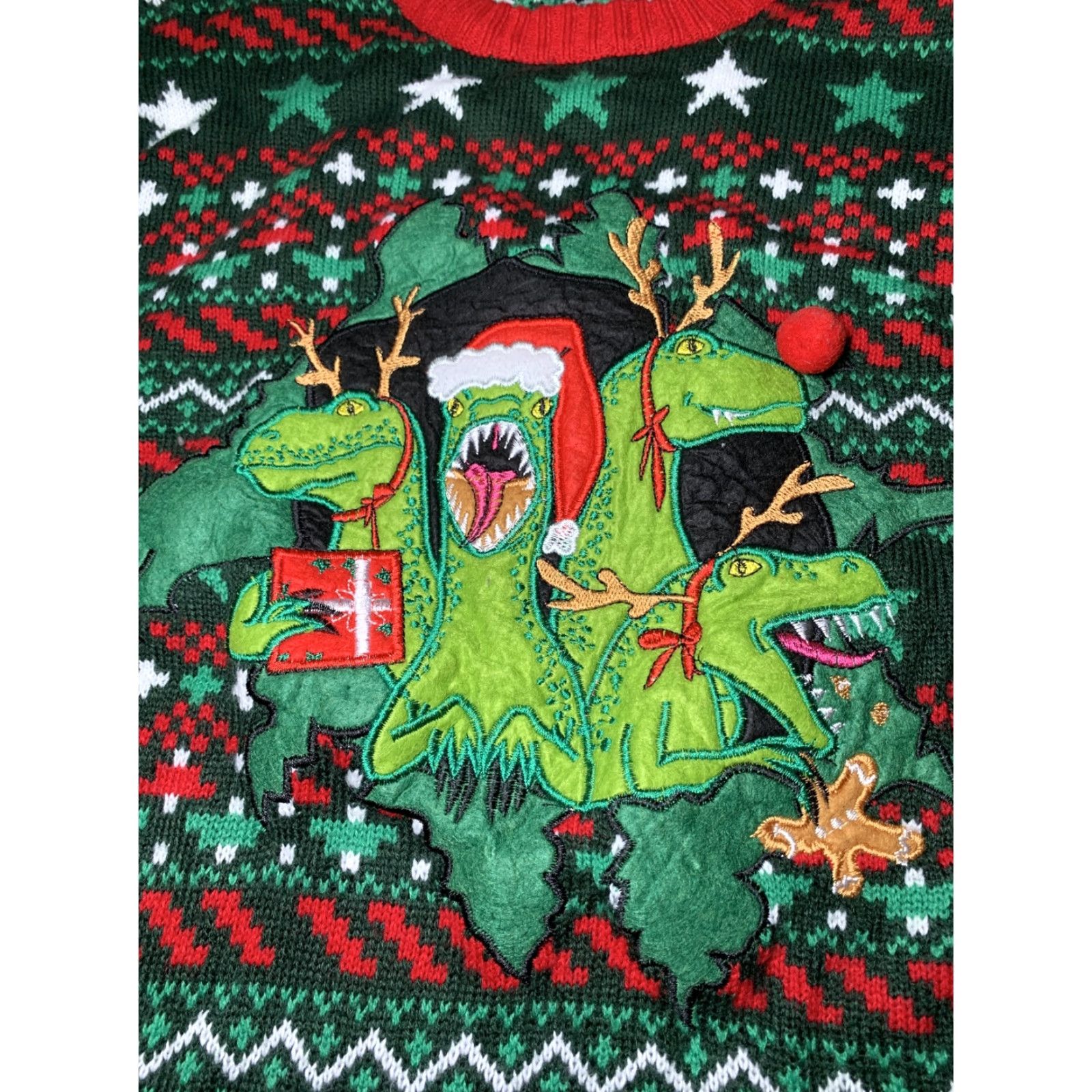 Vintage Ugly Christmas Sweater Dinosaur Blizzard Bay Red White Green XL Men Pullover Knit Acrylic Sweater Size US XL / EU 56 / 4 - 3 Thumbnail