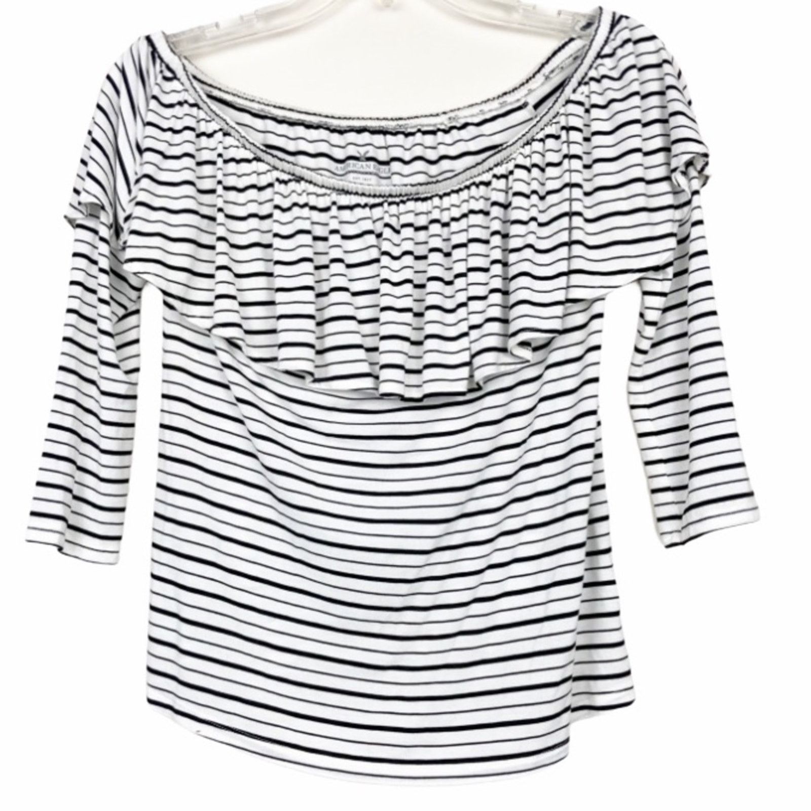 American Eagle Outfitters American Eagle White Striped Off The Shoulder Flounce Top S Size S / US 4 / IT 40 - 1 Thumbnail
