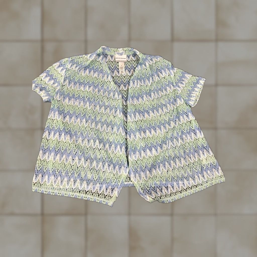 Vintage Alfred Dunner Blouse Womens Petite Large Blue Crochet Lace White Knit Polyester Round Neck Short Sleeve Casual Shirt Size L / US 10 / IT 46 - 1 Thumbnail