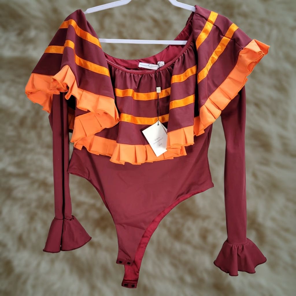 Vintage Women's By Egreis Bodysuit Orange Burgundy Ruffle Long Sleeve Lined Sz L Bodysuit Shirt Womens Size L / US 10 / IT 46 - 1 Thumbnail