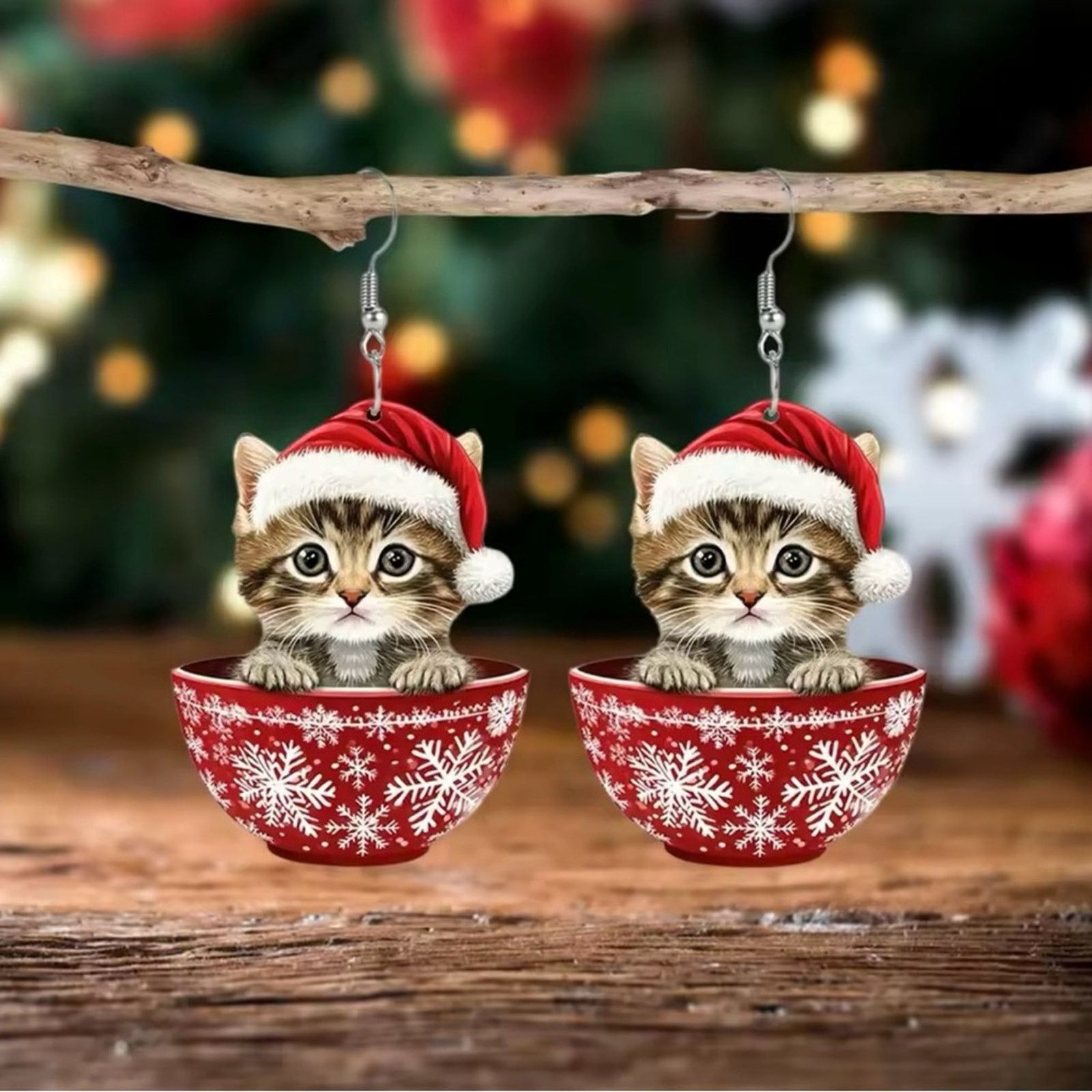 Other Cute 2D Kitten Christmas Earrings Snowflake Tea Cup Earrings Size ONE SIZE - 1 Thumbnail
