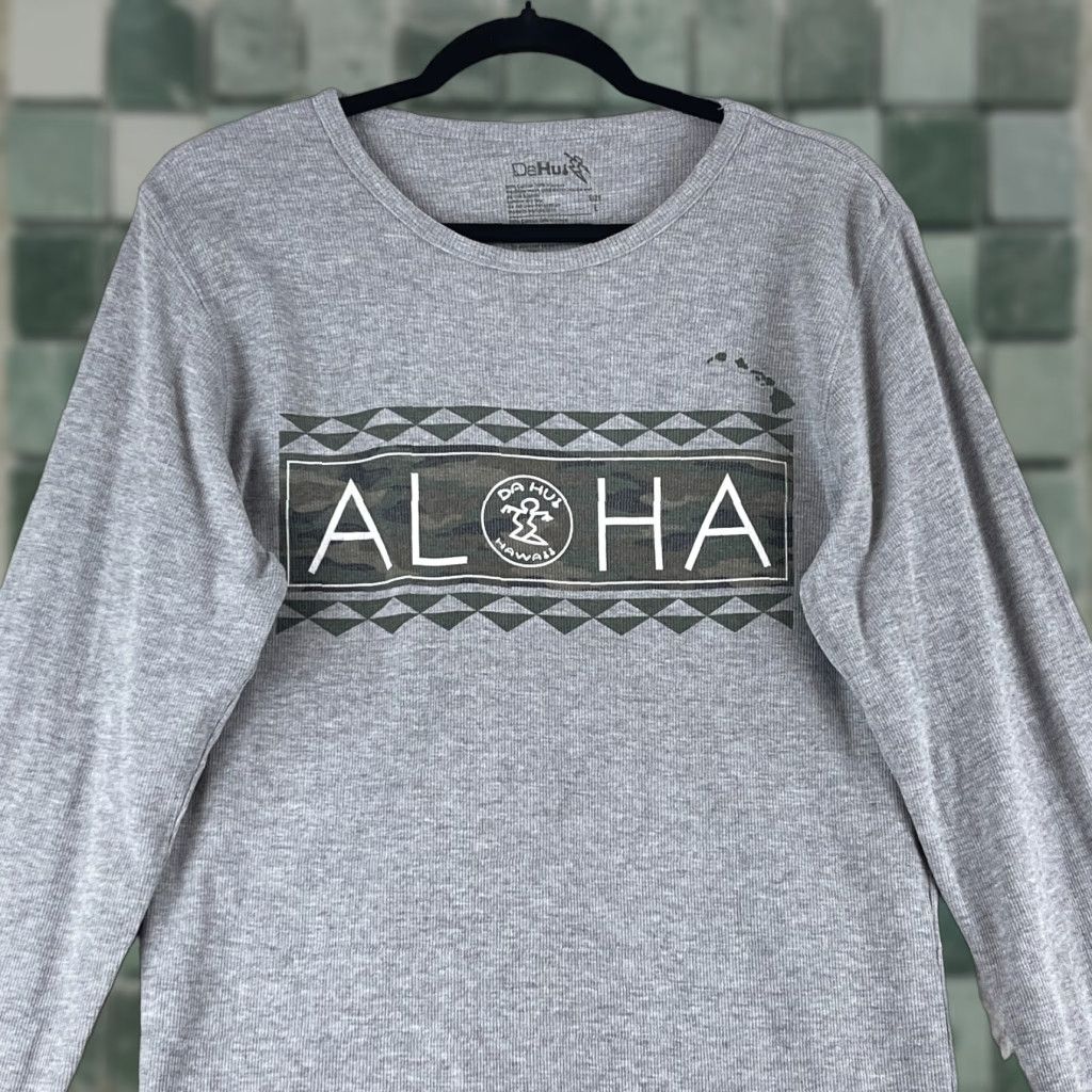 ALOHAS Da Hui Gray Thermal Aloha Print Long Sleeve Shirt Mens Large Pullover Crew Neck Casual Vintage? Size US L / EU 52-54 / 3 - 1 Thumbnail