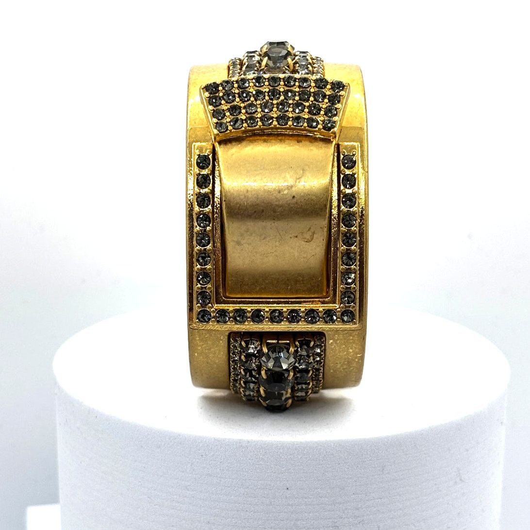 Homemade Brushed Gold Smokey Crystal Bow Hinged Clamper Bracelet 6" Size ONE SIZE - 2 Thumbnail