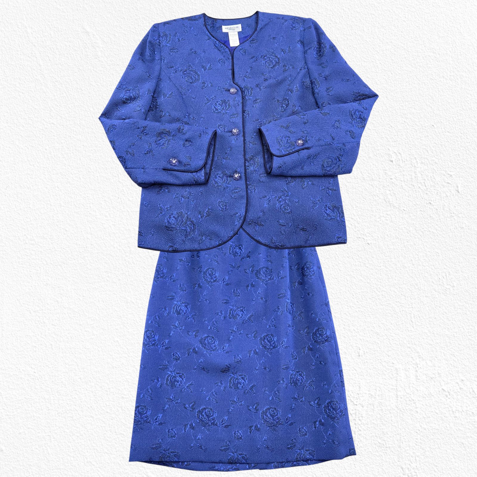 Vintage 80s Royal Blue Jacquard Skirt Suit 12P Size 34" / US 12 / IT 48 - 2 Thumbnail