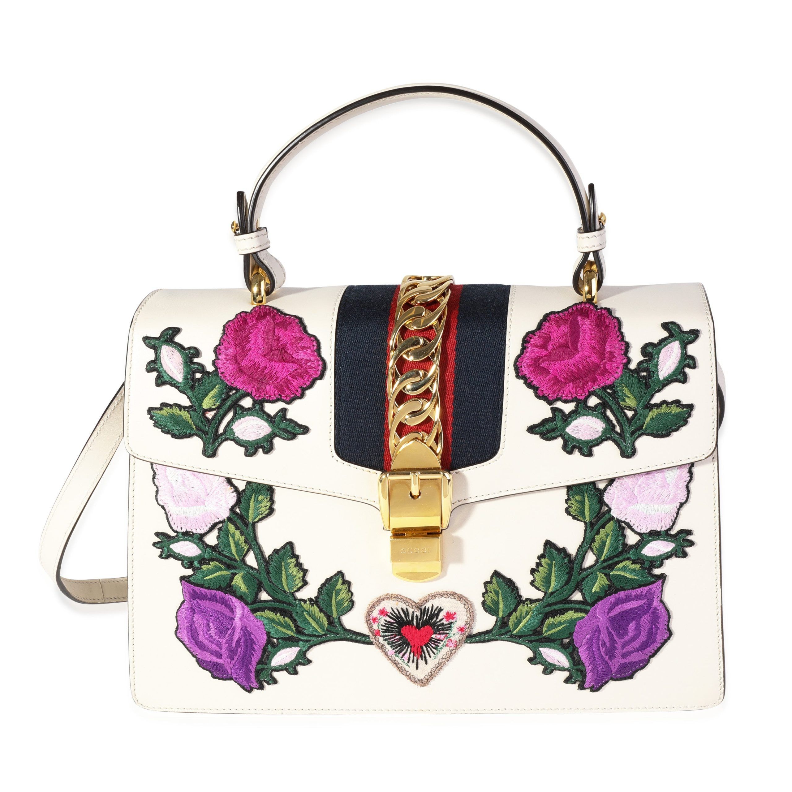 image of Gucci Cream & Multicolor Floral Embroidery Medium Sylvie Top Handle Bag in White, Women's
