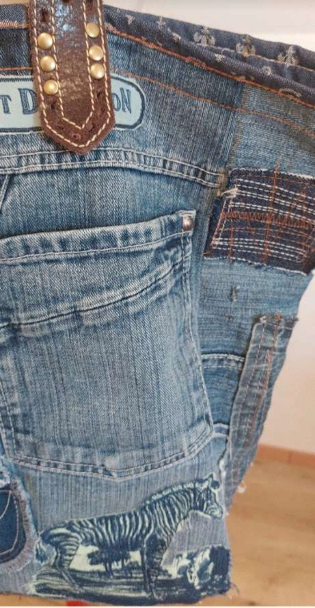 Handmade Heavy Denim Tote with Leather Belt Straps Size ONE SIZE - 11 Thumbnail