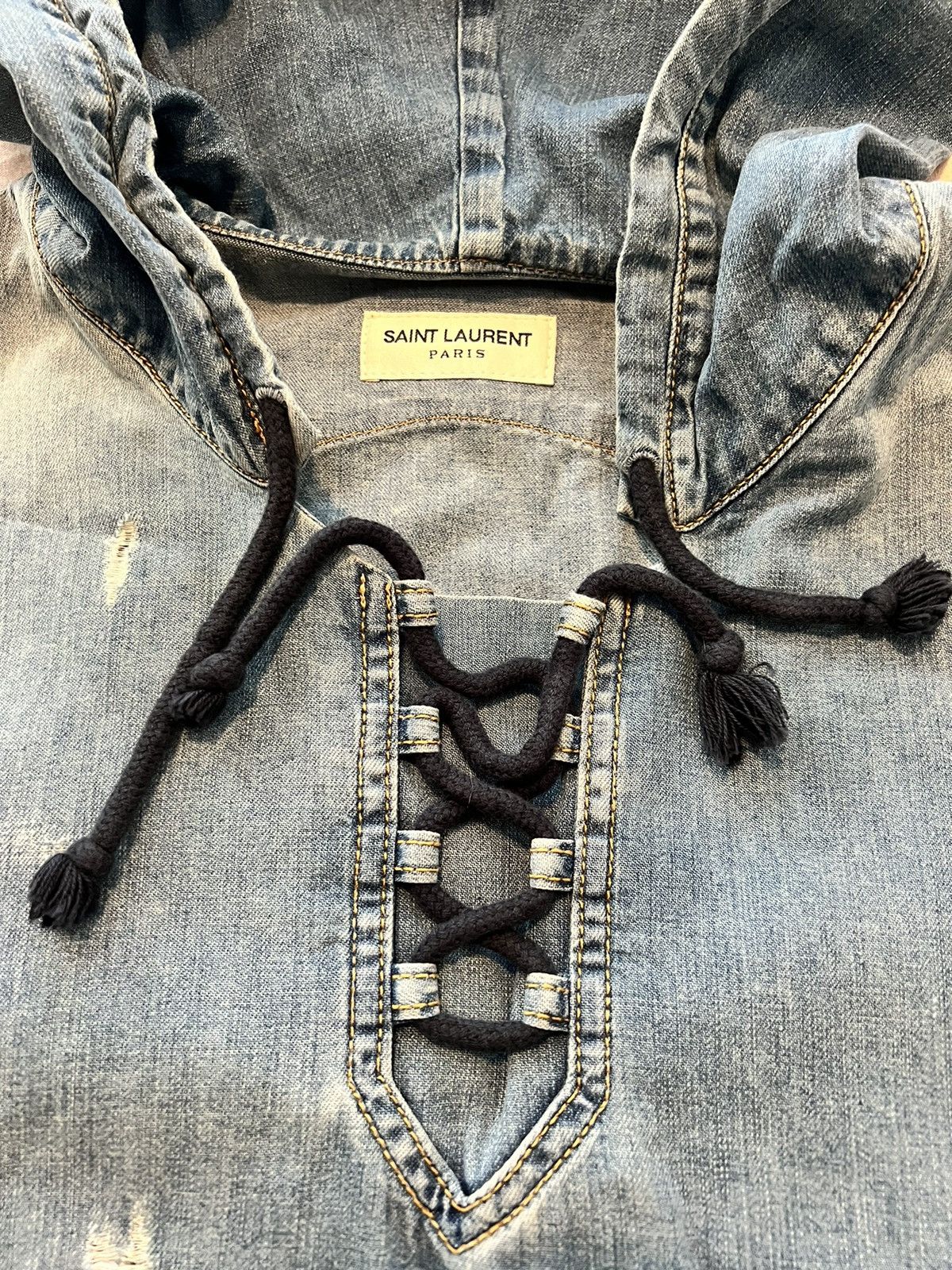 Saint Laurent Paris Denim Long Sleeve Hoodie - Distressed / Tie Up Size US S / EU 44-46 / 1 - 2 Thumbnail